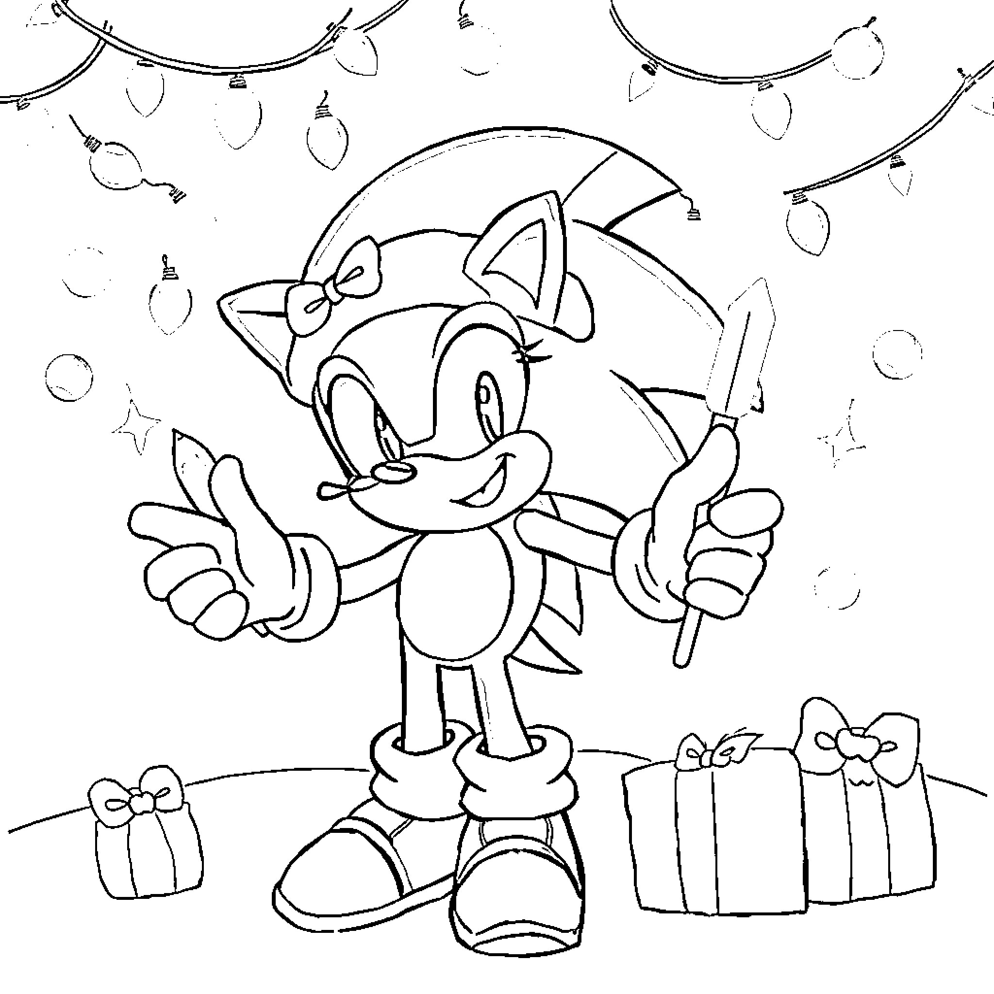 Sonic Enjoying Presents and Flowers in the Rain Coloring Page (free black-and-white line drawing printable PDF for all, from beginners to advanced learners, including children, teens, adults, and seniors)