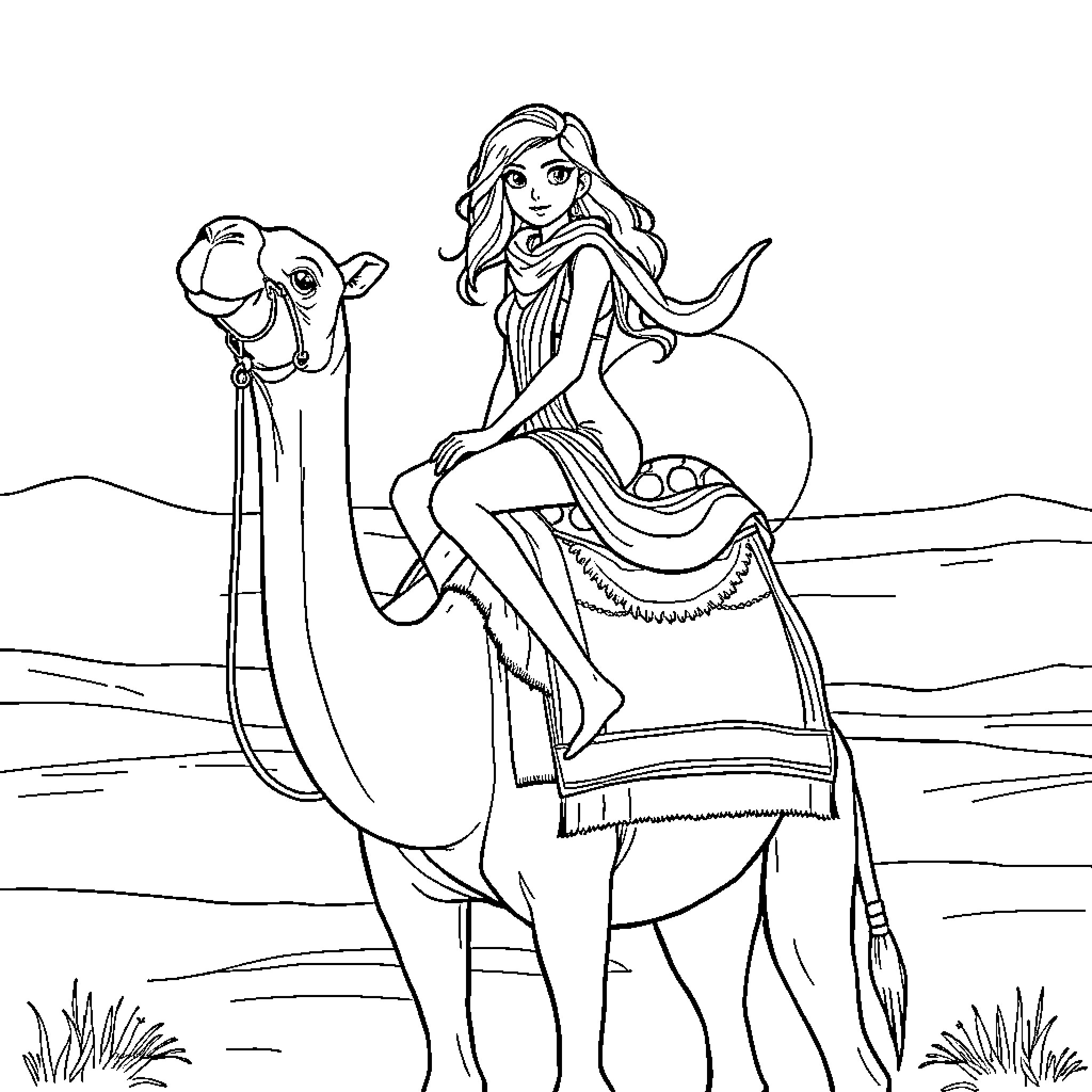 Camel rider in desert landscape Coloring Page (free black-and-white line drawing printable PDF for all, from beginners to advanced learners, including children, teens, adults, and seniors)