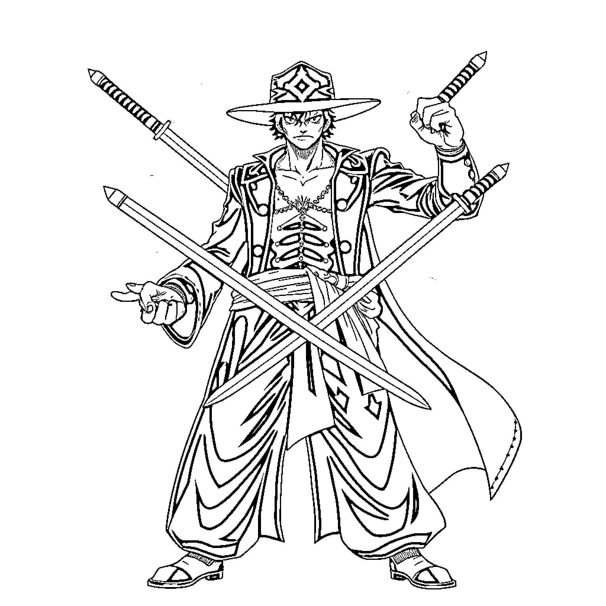 Zorro wielding multiple swords in a heroic pose Coloring Page (free black-and-white line drawing printable PDF for all, from beginners to advanced learners, including children, teens, adults, and seniors)