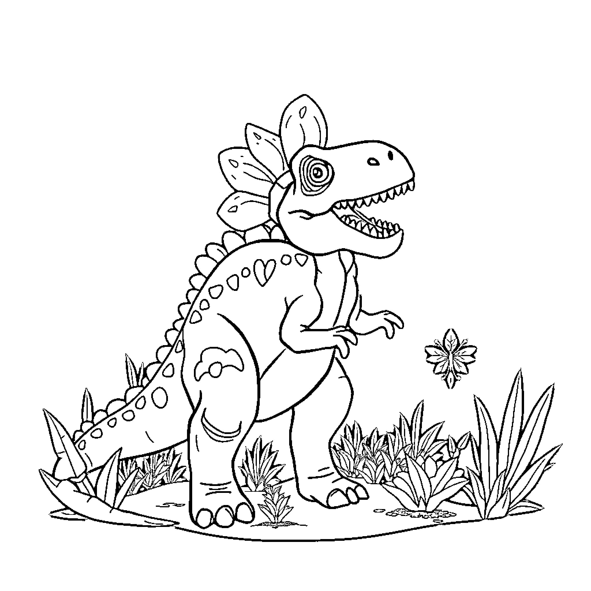 Dinosaur enjoying nature with flowers Coloring Page (free black-and-white line drawing printable PDF for all, from beginners to advanced learners, including children, teens, adults, and seniors)