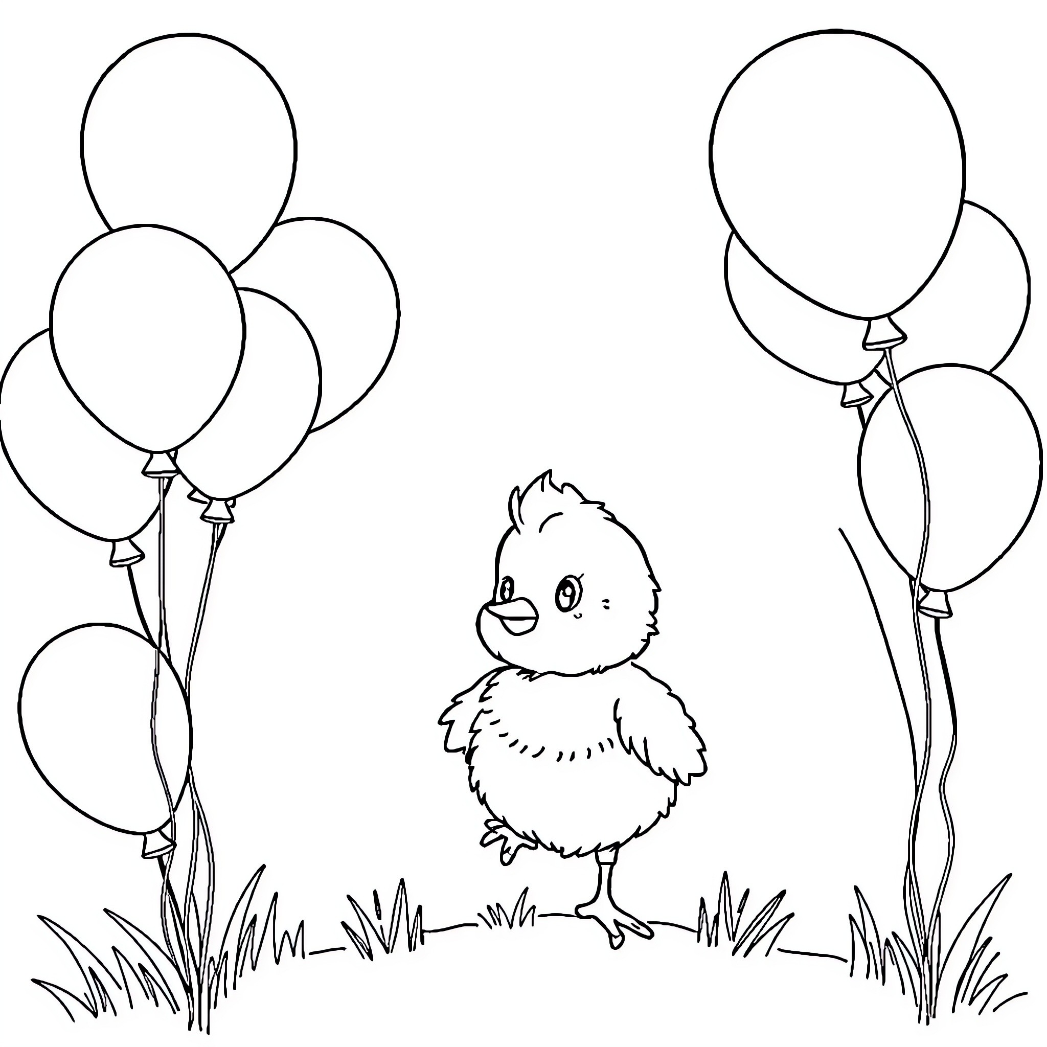 Chick surrounded by happy balloons Coloring Page (free black-and-white line drawing printable PDF for all, from beginners to advanced learners, including children, teens, adults, and seniors)