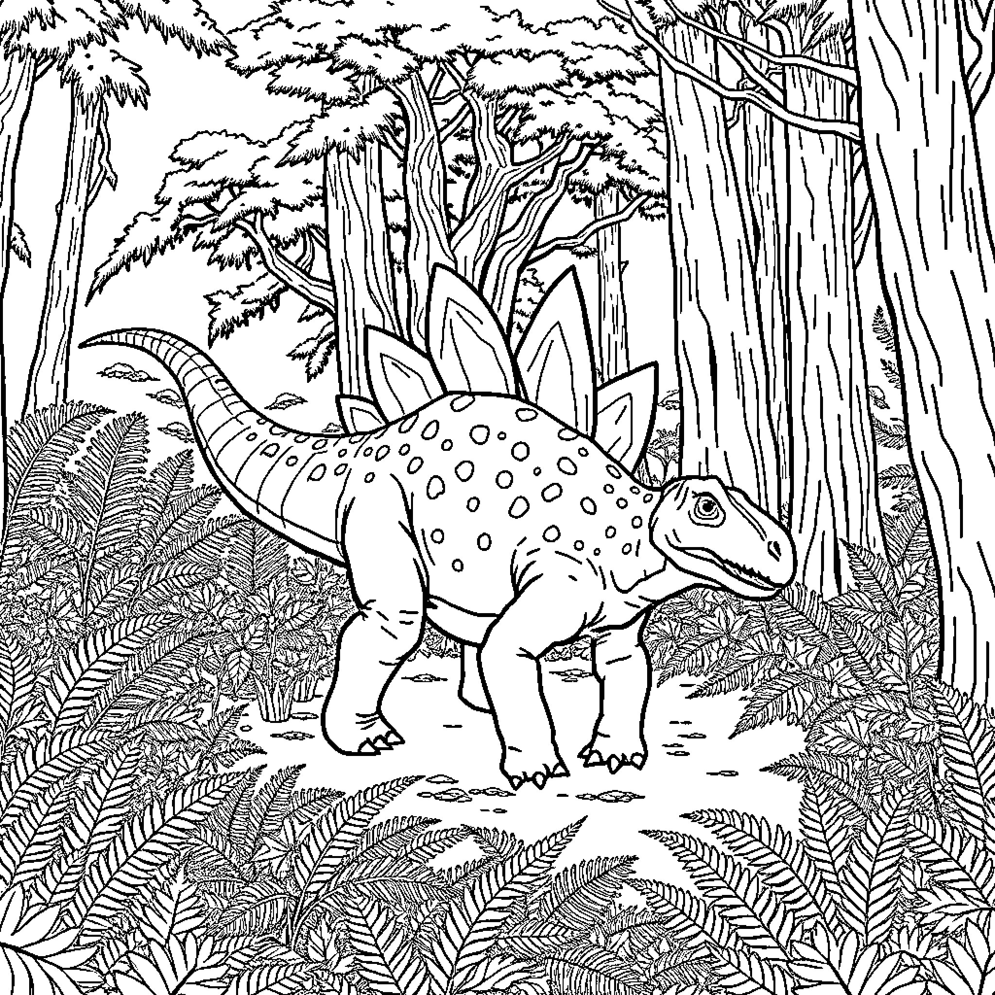 Stegosaurus exploring the lush forest habitat Coloring Page (free black-and-white line drawing printable PDF for all, from beginners to advanced learners, including children, teens, adults, and seniors)
