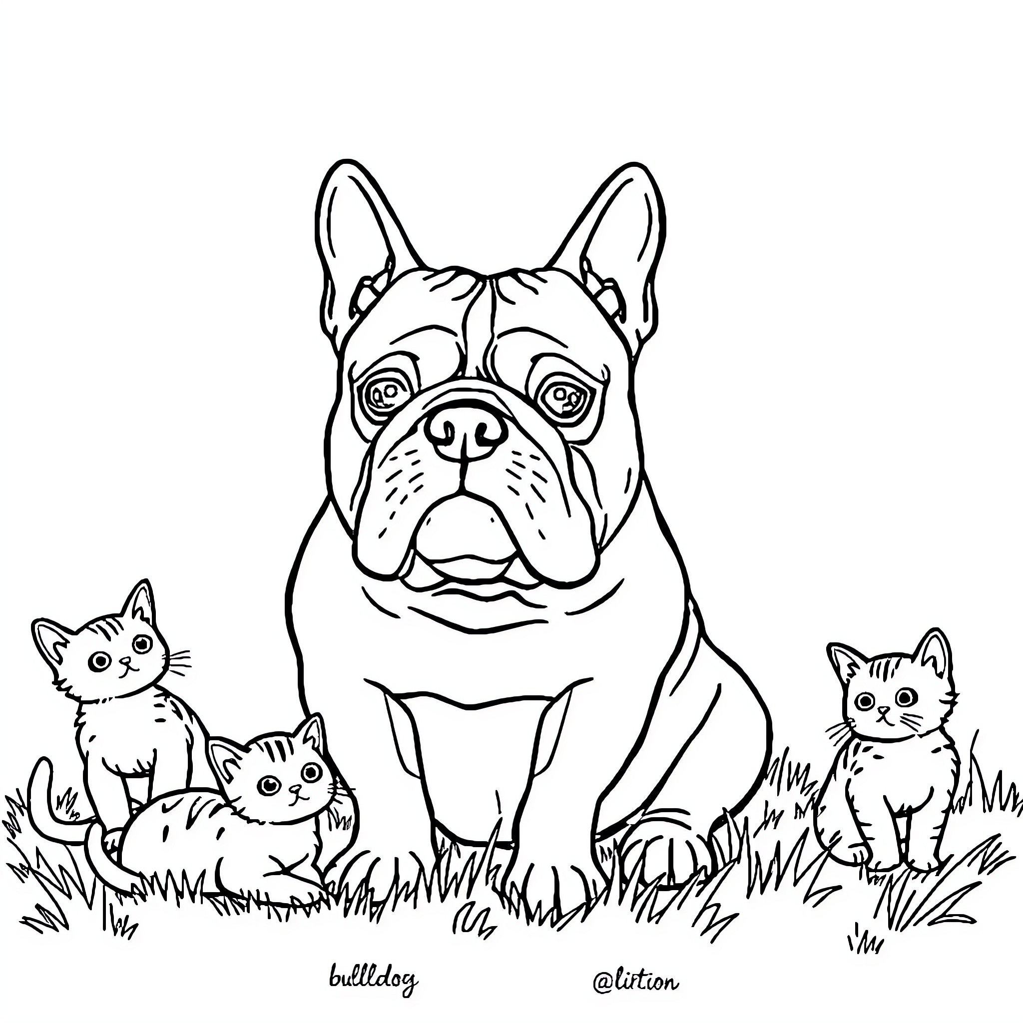 Bulldog surrounded by playful kittens in the grass Coloring Page (free black-and-white line drawing printable PDF for all, from beginners to advanced learners, including children, teens, adults, and seniors)