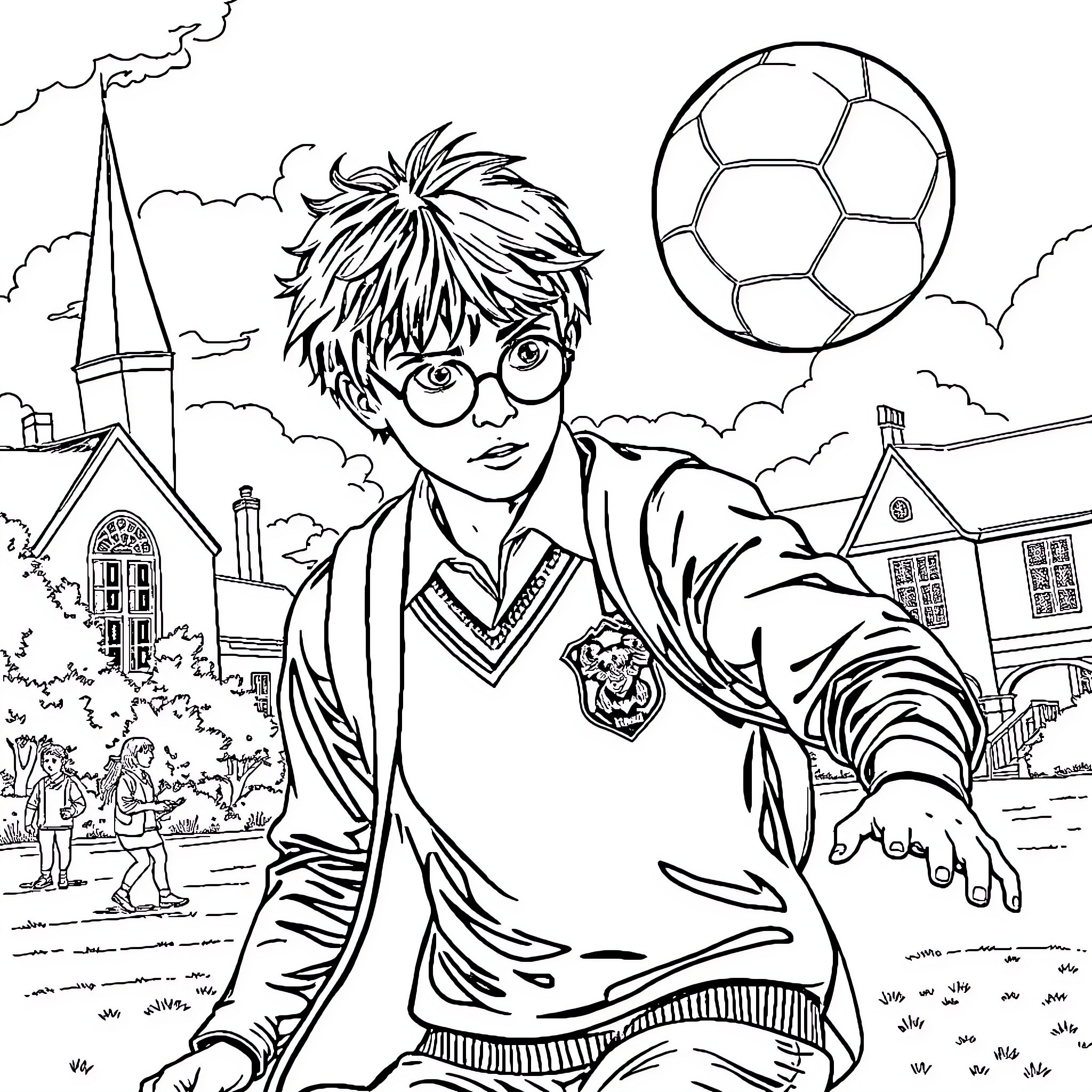 Hermione Granger playing with a soccer ball in a magical setting Coloring Page (free black-and-white line drawing printable PDF for all, from beginners to advanced learners, including children, teens, adults, and seniors)