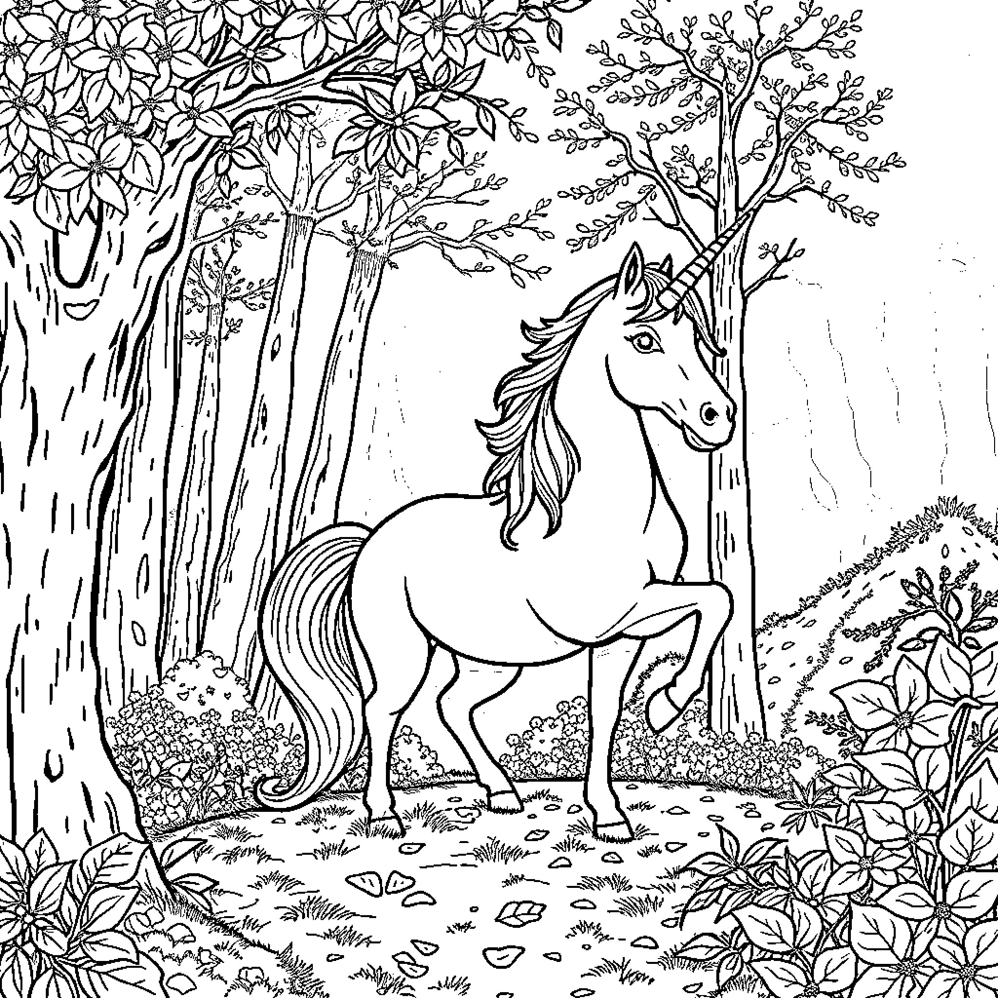Unicorn standing gracefully in enchanted forest Coloring Page (free black-and-white line drawing printable PDF for all, from beginners to advanced learners, including children, teens, adults, and seniors)