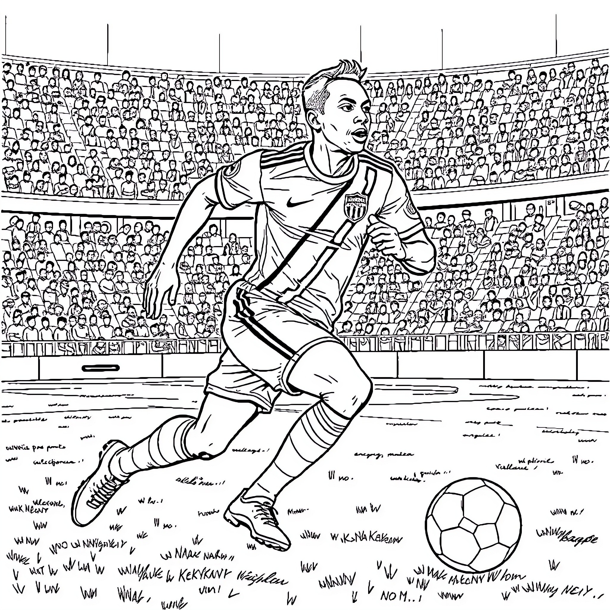 Kylian Mbappe in action on the soccer field Coloring Page (free black-and-white line drawing printable PDF for all, from beginners to advanced learners, including children, teens, adults, and seniors)