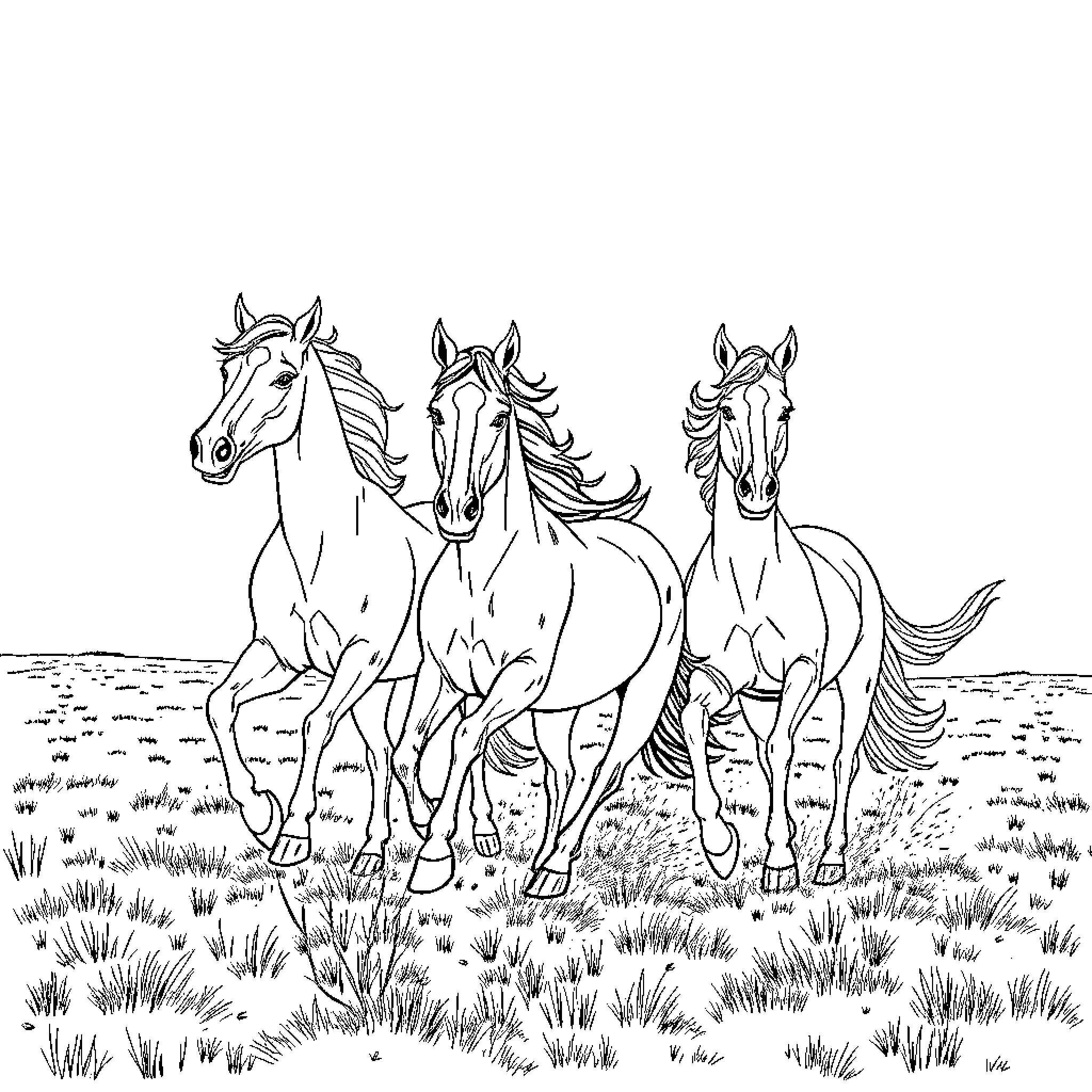 Horses galloping freely in the field Coloring Page (free black-and-white line drawing printable PDF for all, from beginners to advanced learners, including children, teens, adults, and seniors)