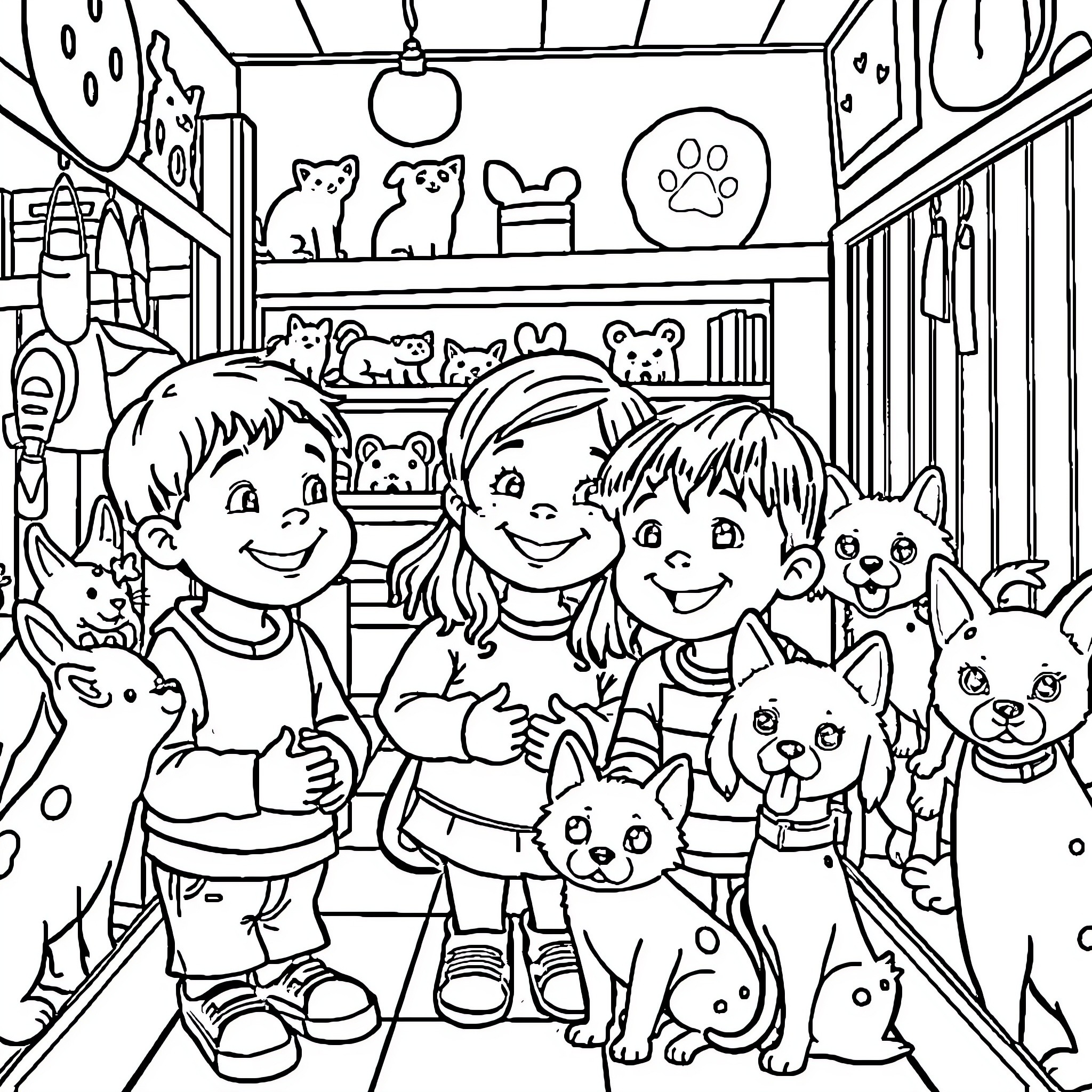 Child's Playful Encounter with Pets in Cozy Room Coloring Page (free black-and-white line drawing printable PDF for all, from beginners to advanced learners, including children, teens, adults, and seniors)