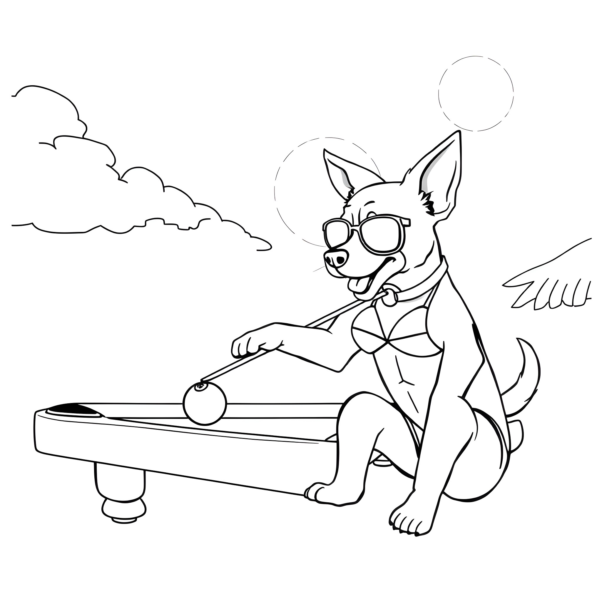 Dog playing pool with sunglasses under the night sky Coloring Page (free black-and-white line drawing printable PDF for all, from beginners to advanced learners, including children, teens, adults, and seniors)