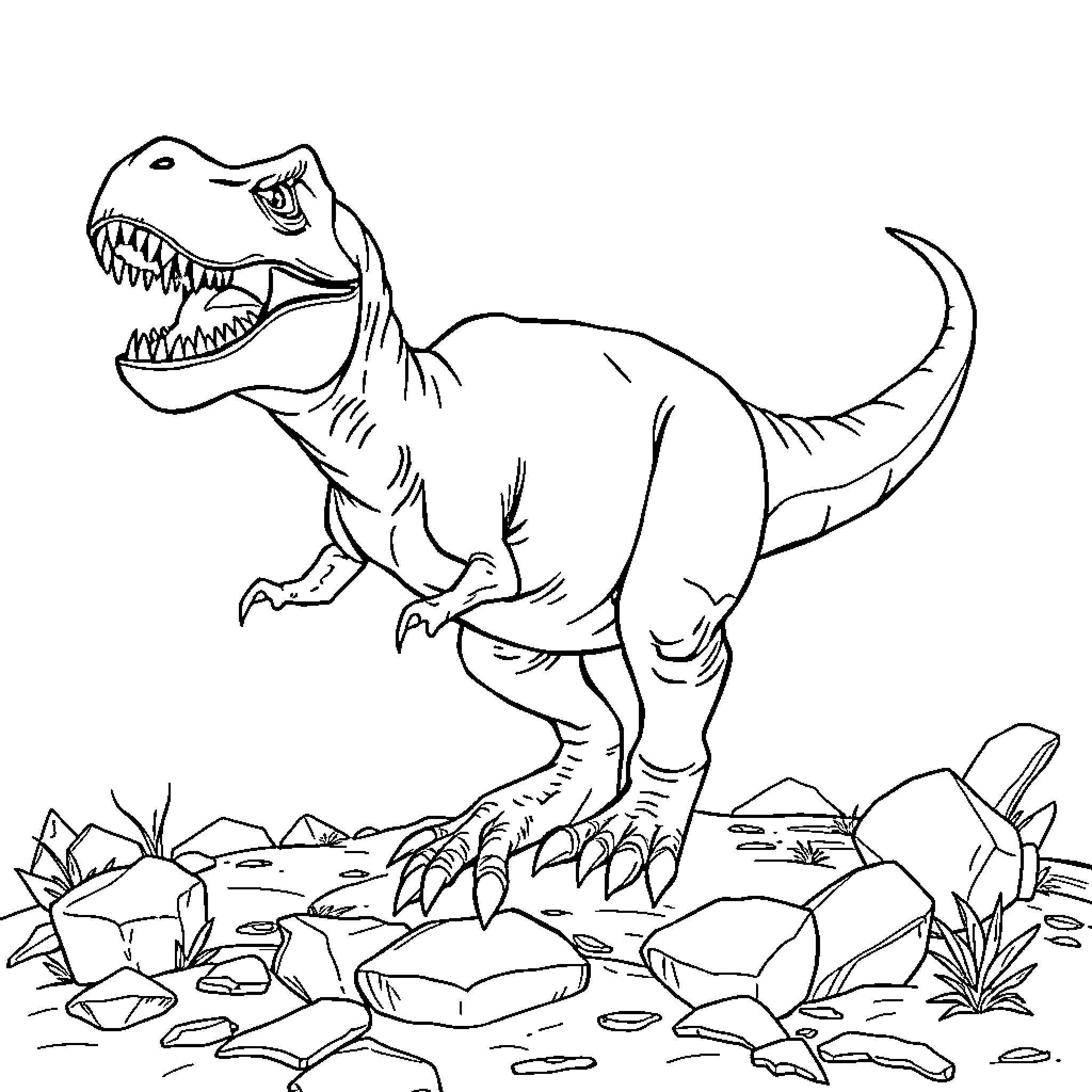 Tyrannosaurus Rex Roaring in a Prehistoric Landscape Coloring Page (free black-and-white line drawing printable PDF for all, from beginners to advanced learners, including children, teens, adults, and seniors)
