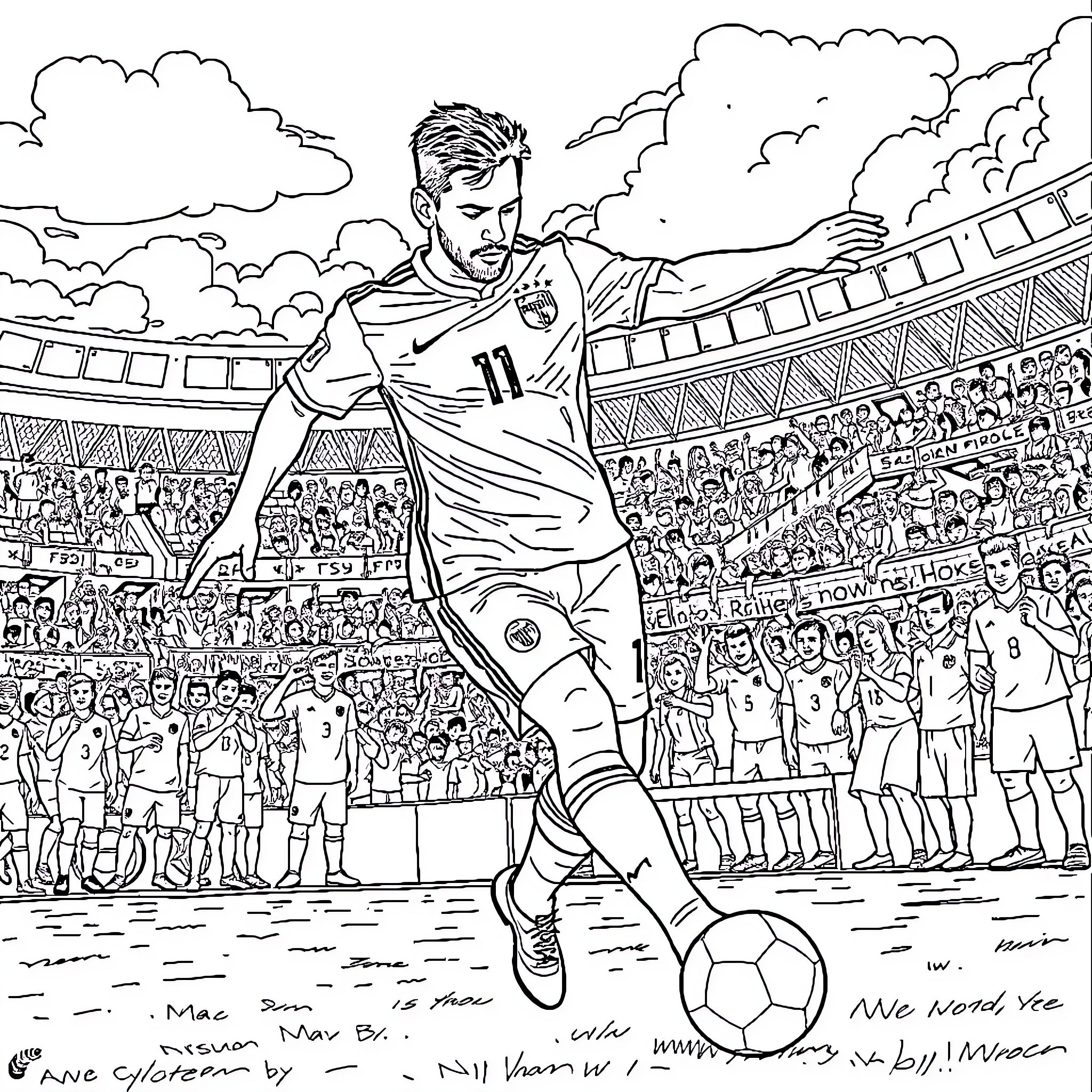 Messi Celebrating Goal in Soccer Stadium Coloring Page (free black-and-white line drawing printable PDF for all, from beginners to advanced learners, including children, teens, adults, and seniors)
