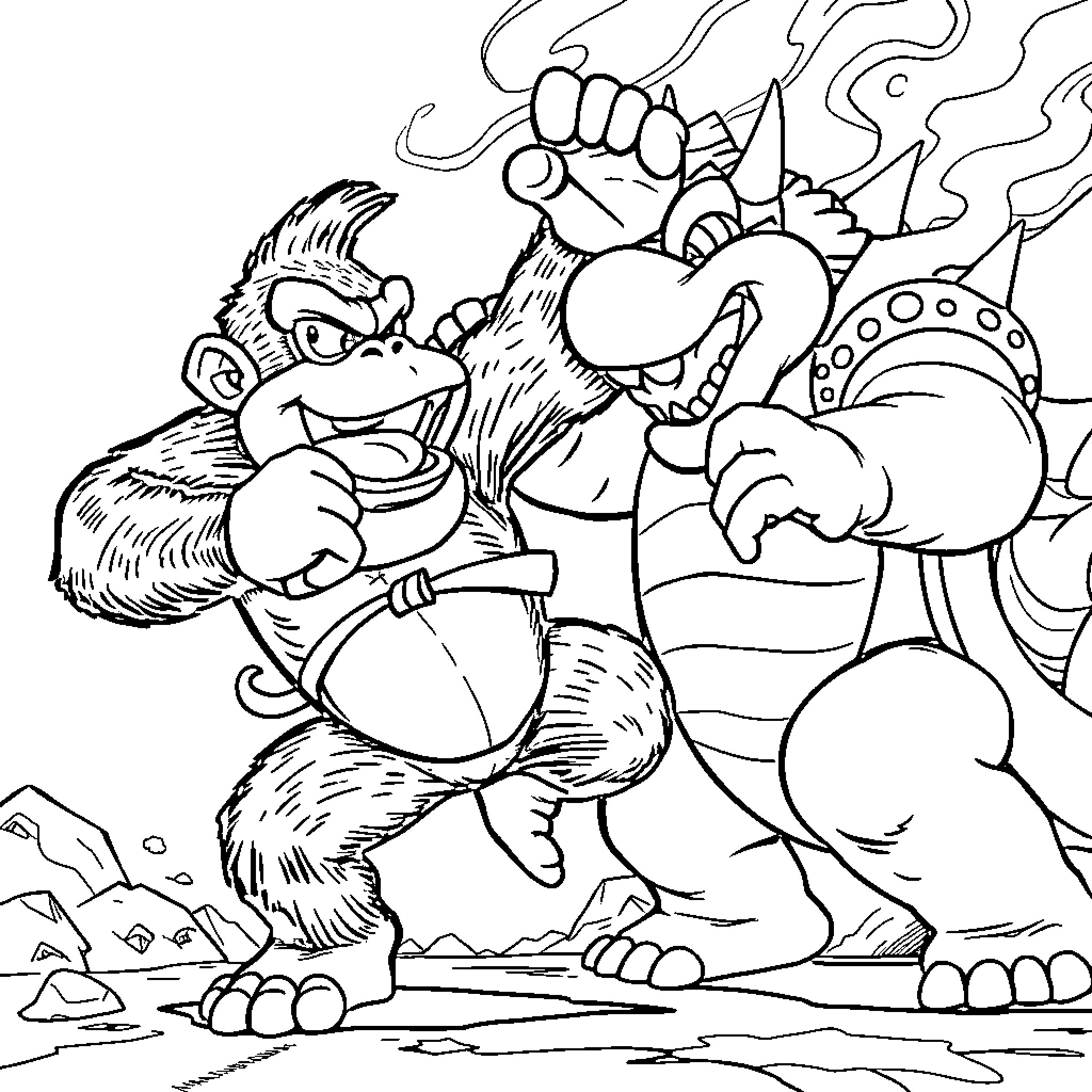 Donkey Kong battling a fierce opponent Coloring Page (free black-and-white line drawing printable PDF for all, from beginners to advanced learners, including children, teens, adults, and seniors)