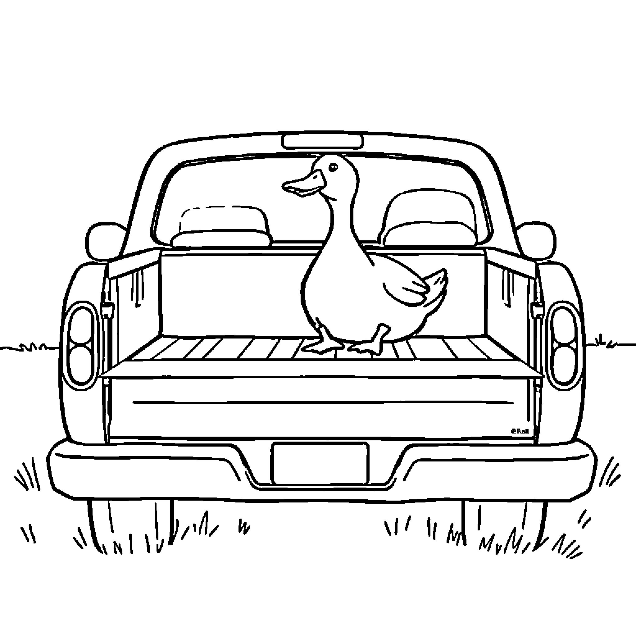 Duck riding happily in the truck bed Coloring Page (free black-and-white line drawing printable PDF for all, from beginners to advanced learners, including children, teens, adults, and seniors)