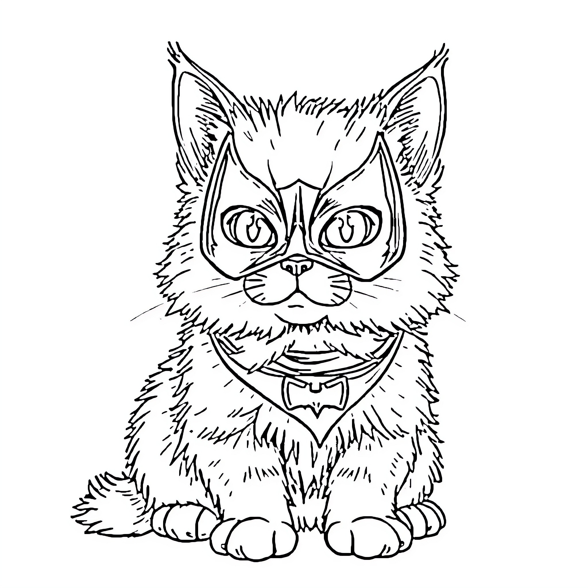 Cat with expressive features in black and white illustration Coloring Page (free black-and-white line drawing printable PDF for all, from beginners to advanced learners, including children, teens, adults, and seniors)
