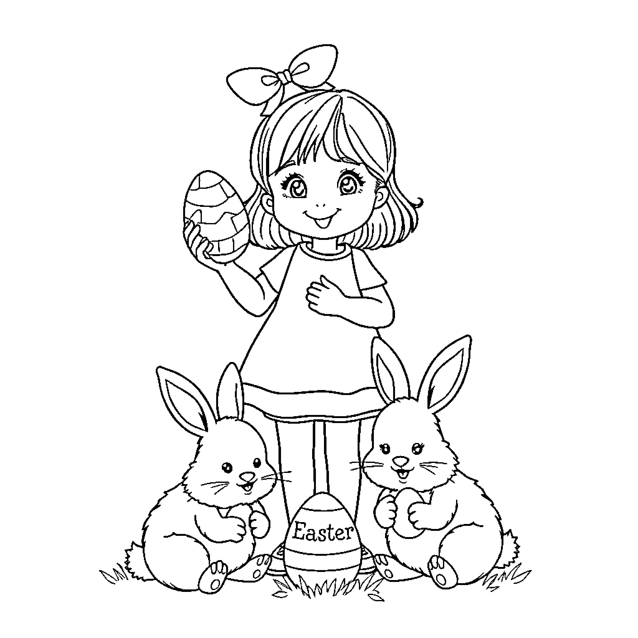 Girl holding an Easter egg with bunnies Coloring Page (free black-and-white line drawing printable PDF for all, from beginners to advanced learners, including children, teens, adults, and seniors)