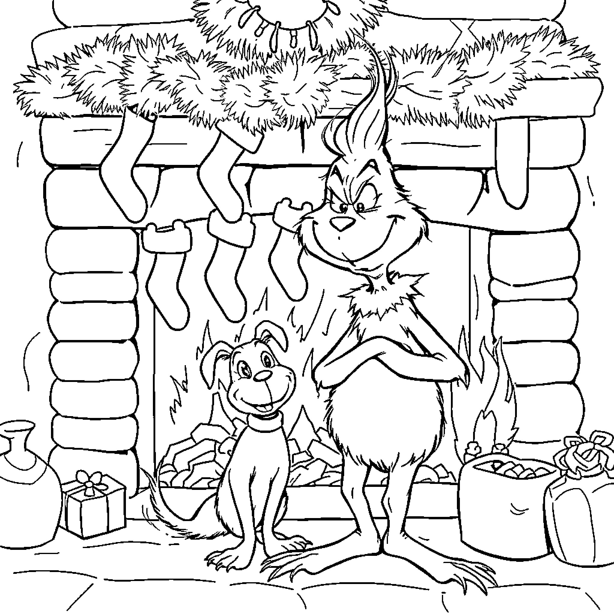 Grinch and Dog Enjoying Christmas Festivities Coloring Page (free black-and-white line drawing printable PDF for all, from beginners to advanced learners, including children, teens, adults, and seniors)
