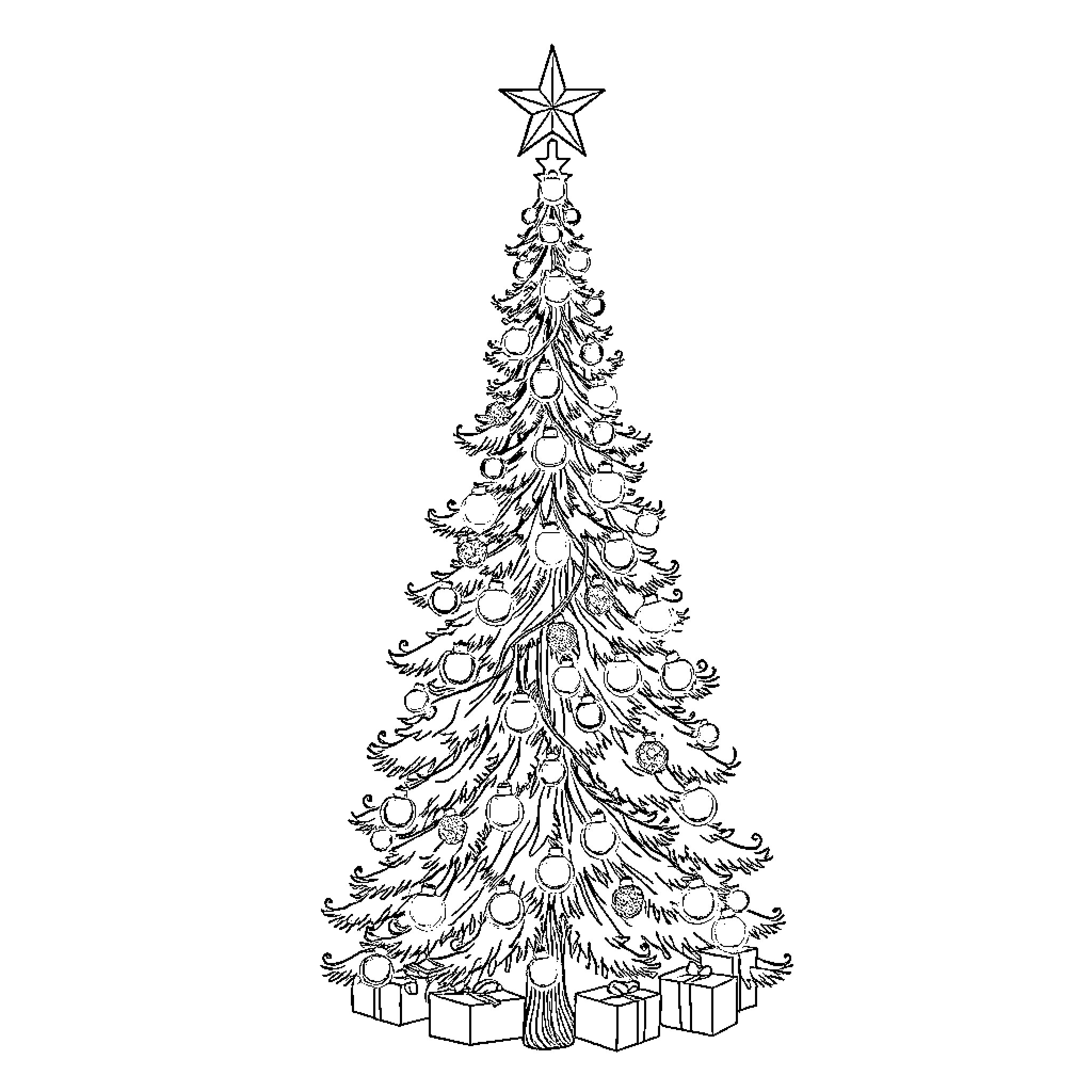 Phoenix Christmas Tree with Ornaments and Presents Coloring Page (free black-and-white line drawing printable PDF for all, from beginners to advanced learners, including children, teens, adults, and seniors)