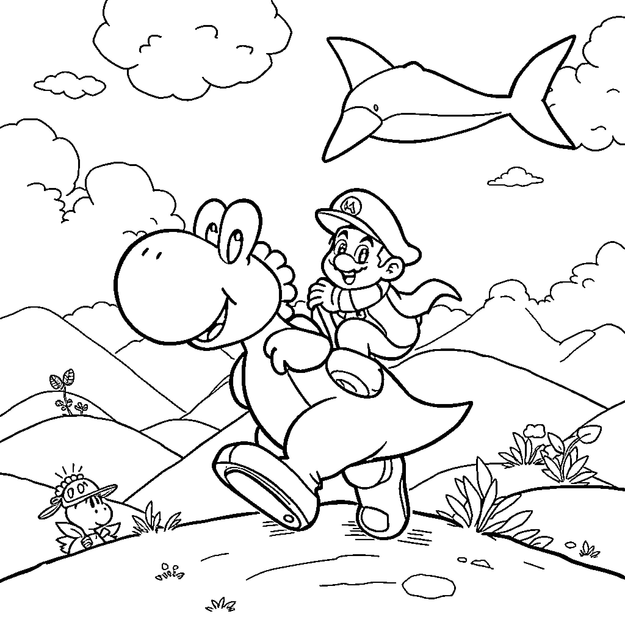 Yoshi's Adventure with Mario in the Mountains Coloring Page (free black-and-white line drawing printable PDF for all, from beginners to advanced learners, including children, teens, adults, and seniors)