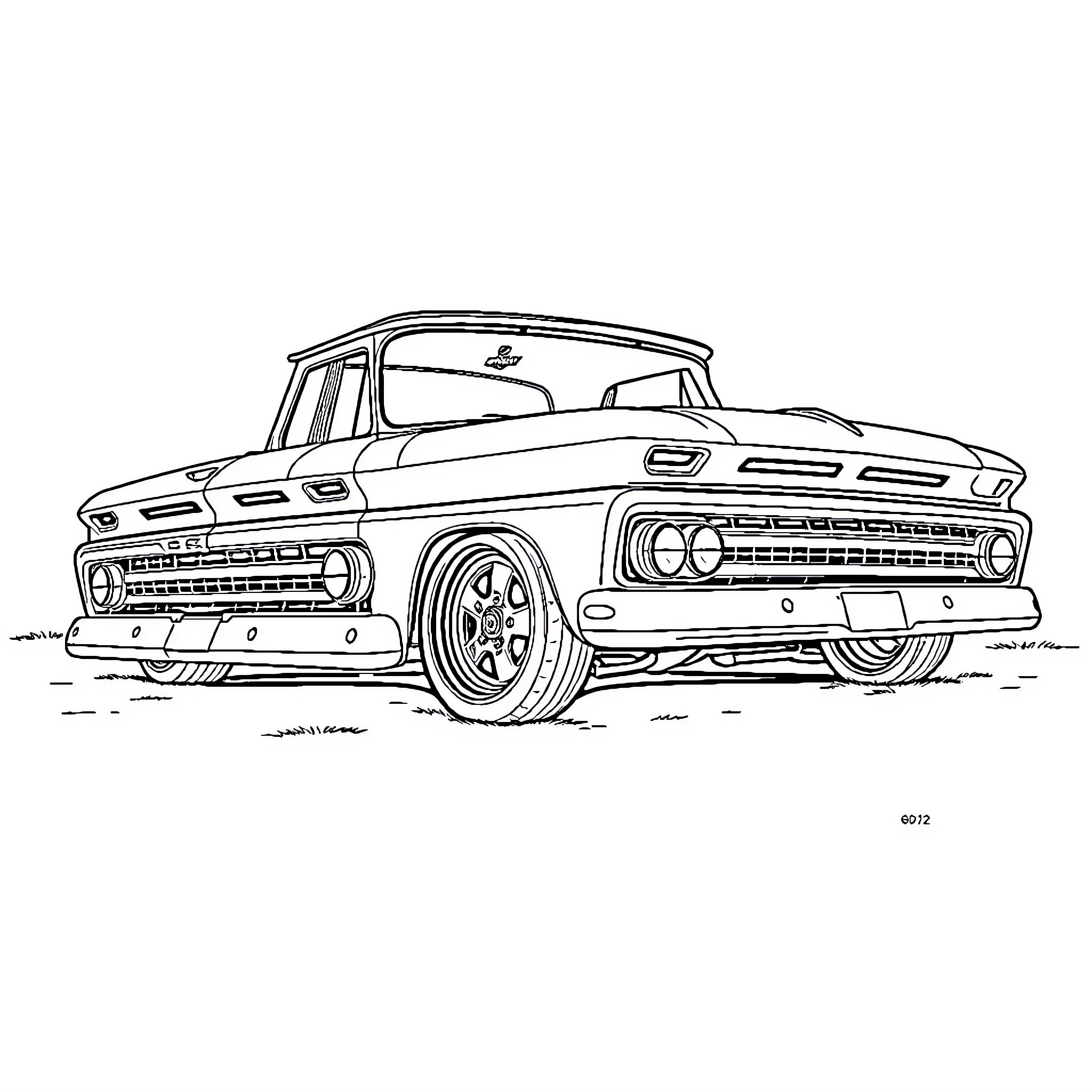 Chevy classic truck with customized features Coloring Page (free black-and-white line drawing printable PDF for all, from beginners to advanced learners, including children, teens, adults, and seniors)