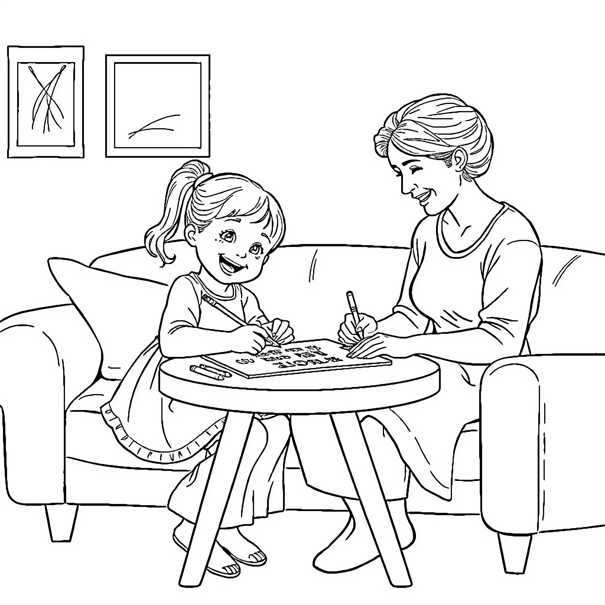 Girl Coloring with Mother in Living Room Coloring Page (free black-and-white line drawing printable PDF for all, from beginners to advanced learners, including children, teens, adults, and seniors)