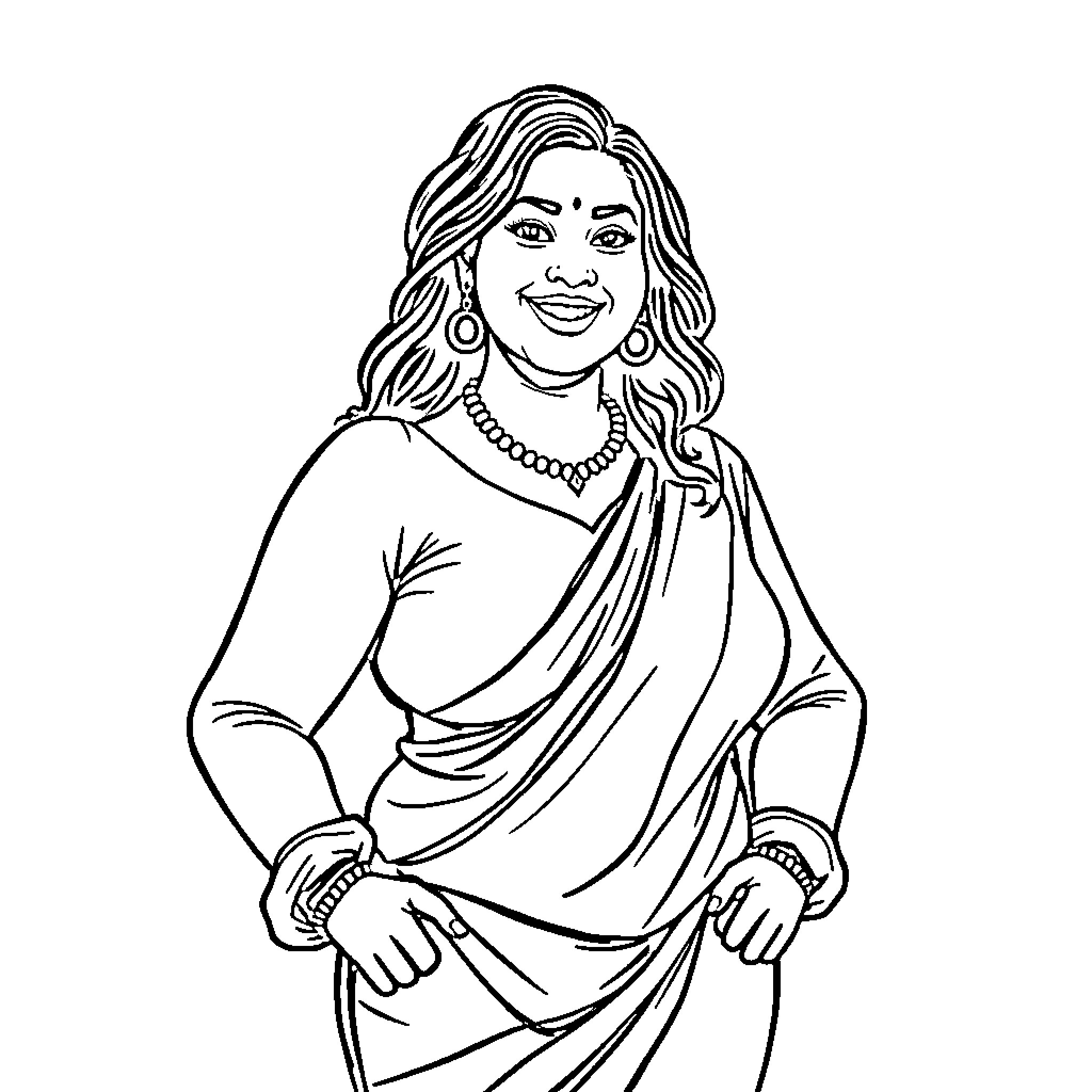 Woman in traditional Indian attire smiling Coloring Page (free black-and-white line drawing printable PDF for all, from beginners to advanced learners, including children, teens, adults, and seniors)