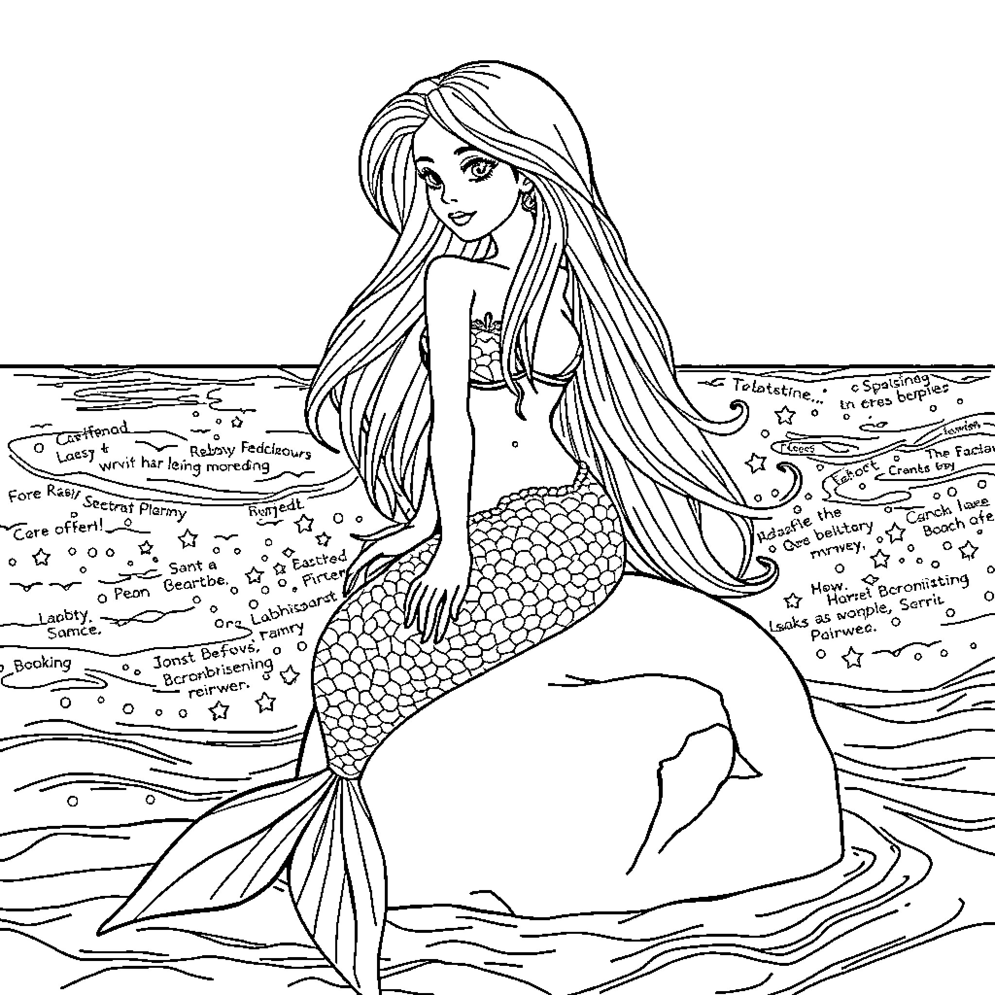 Mermaid swimming gracefully in the ocean Coloring Page (free black-and-white line drawing printable PDF for all, from beginners to advanced learners, including children, teens, adults, and seniors)