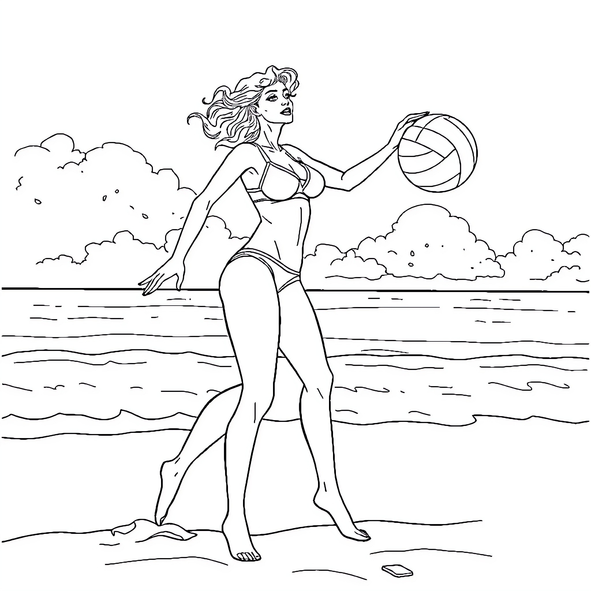 Lady Dimetrescu playing volleyball on the beach Coloring Page (free black-and-white line drawing printable PDF for all, from beginners to advanced learners, including children, teens, adults, and seniors)