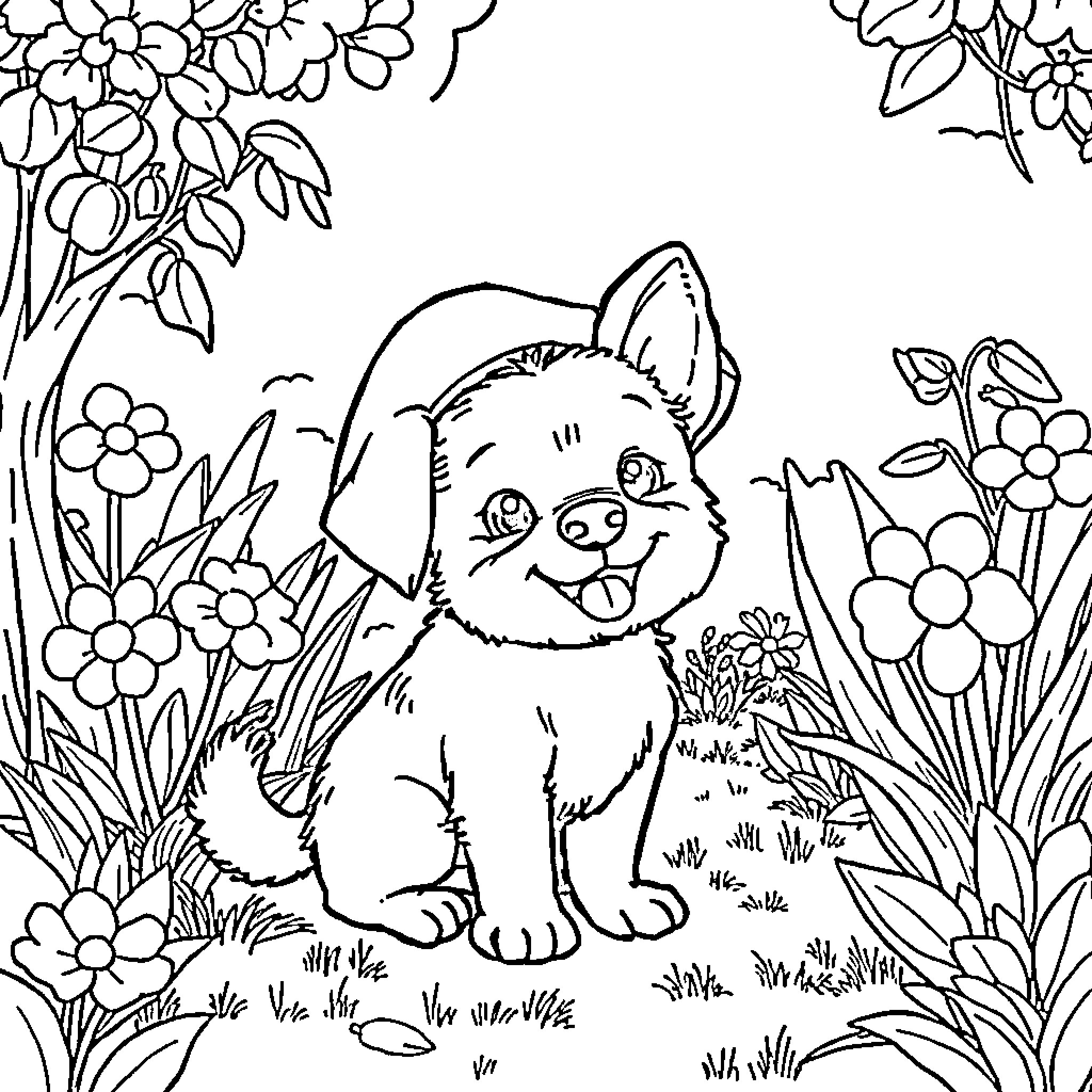Dog exploring a floral garden Coloring Page (free black-and-white line drawing printable PDF for all, from beginners to advanced learners, including children, teens, adults, and seniors)