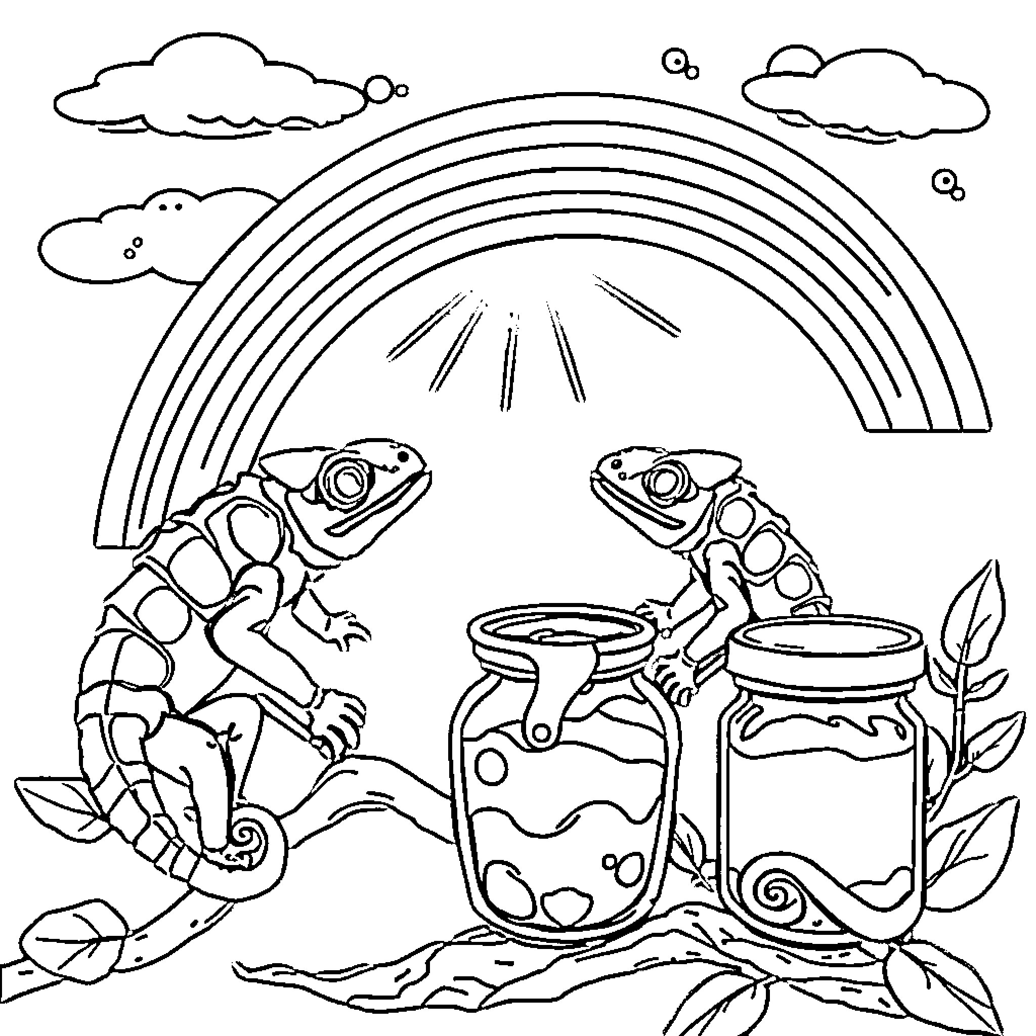 Chameleons exploring vibrant rainbow landscape Coloring Page (free black-and-white line drawing printable PDF for all, from beginners to advanced learners, including children, teens, adults, and seniors)