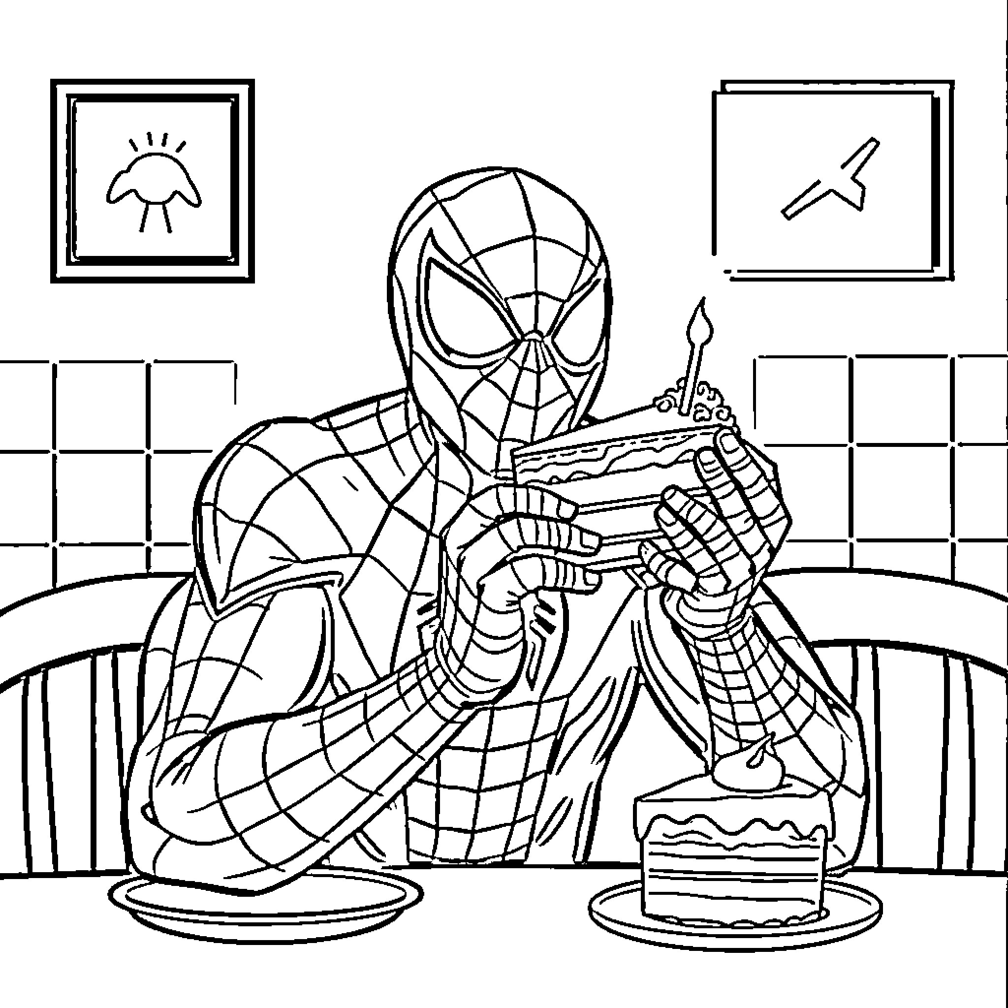 Spiderman enjoying a birthday cake Coloring Page (free black-and-white line drawing printable PDF for all, from beginners to advanced learners, including children, teens, adults, and seniors)