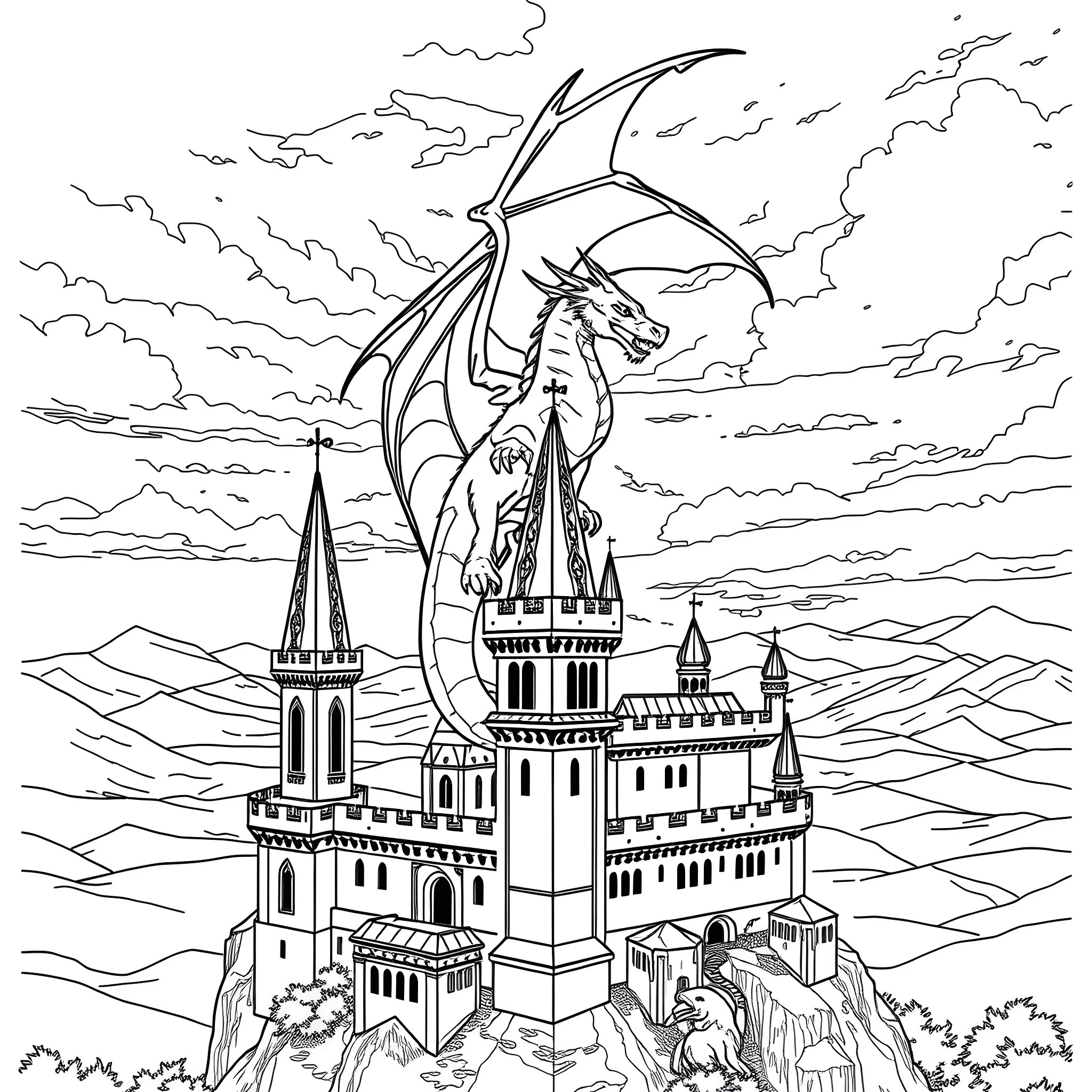 Dragon soaring over a magical castle landscape Coloring Page (free black-and-white line drawing printable PDF for all, from beginners to advanced learners, including children, teens, adults, and seniors)