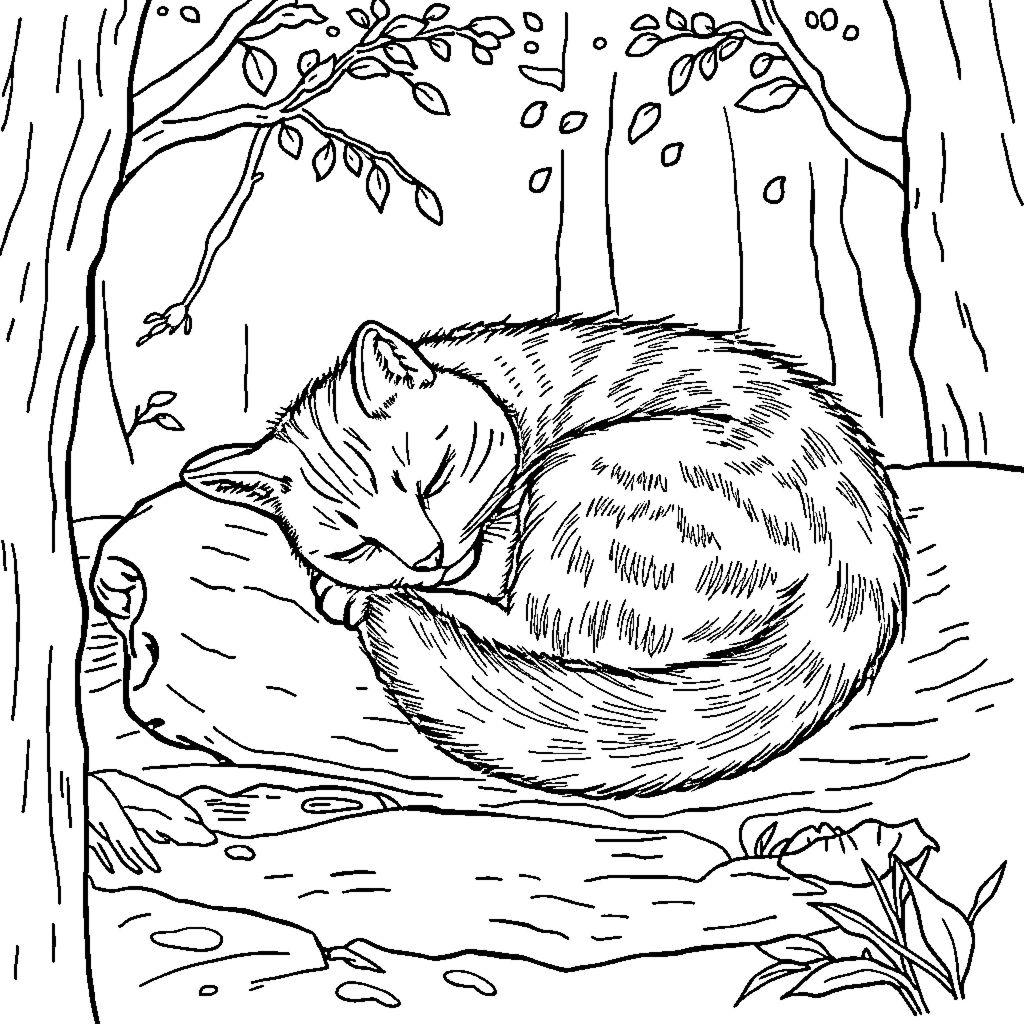 Cat napping peacefully in the forest Coloring Page (free black-and-white line drawing printable PDF for all, from beginners to advanced learners, including children, teens, adults, and seniors)