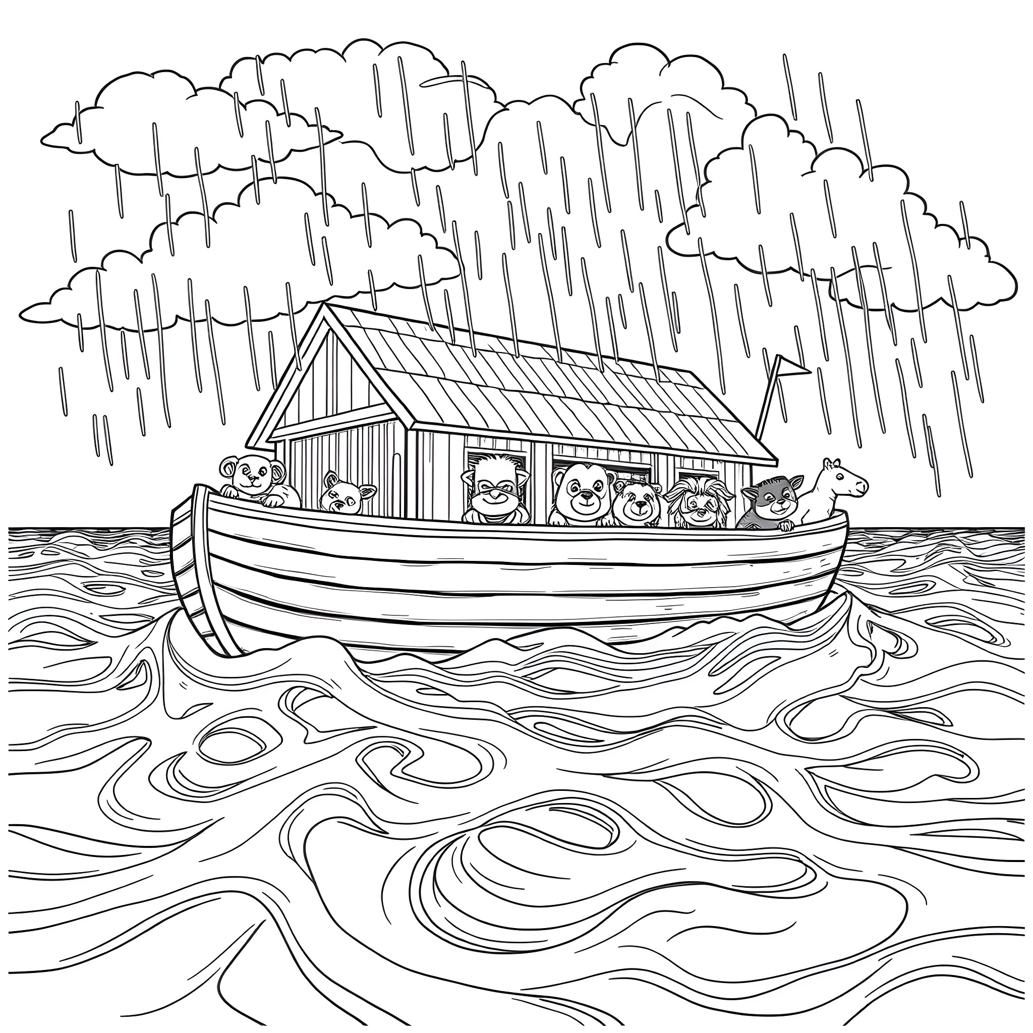 Noah's Ark sailing through the stormy sea Coloring Page (free black-and-white line drawing printable PDF for all, from beginners to advanced learners, including children, teens, adults, and seniors)
