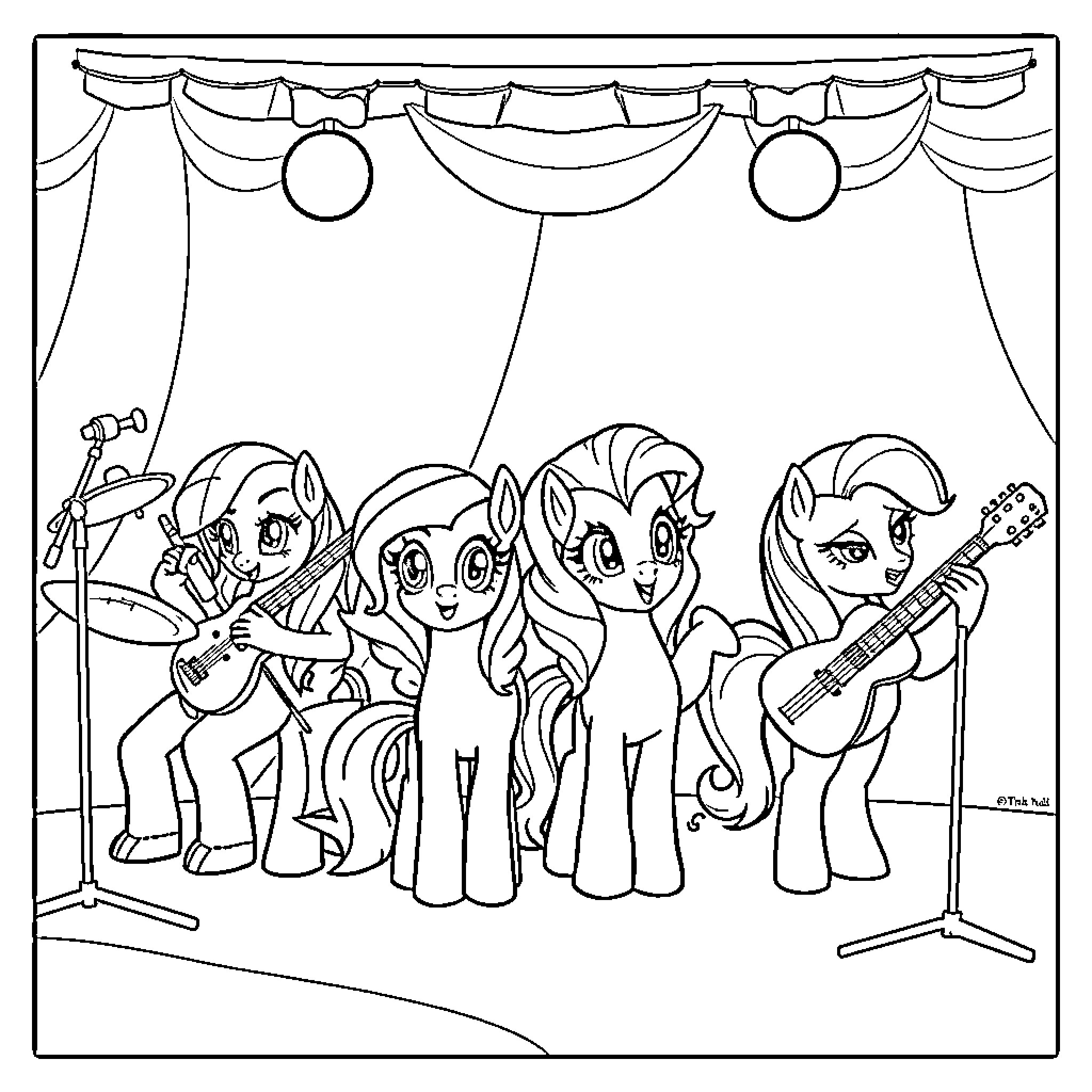 Pony Friends Performing on Stage Coloring Page (free black-and-white line drawing printable PDF for all, from beginners to advanced learners, including children, teens, adults, and seniors)