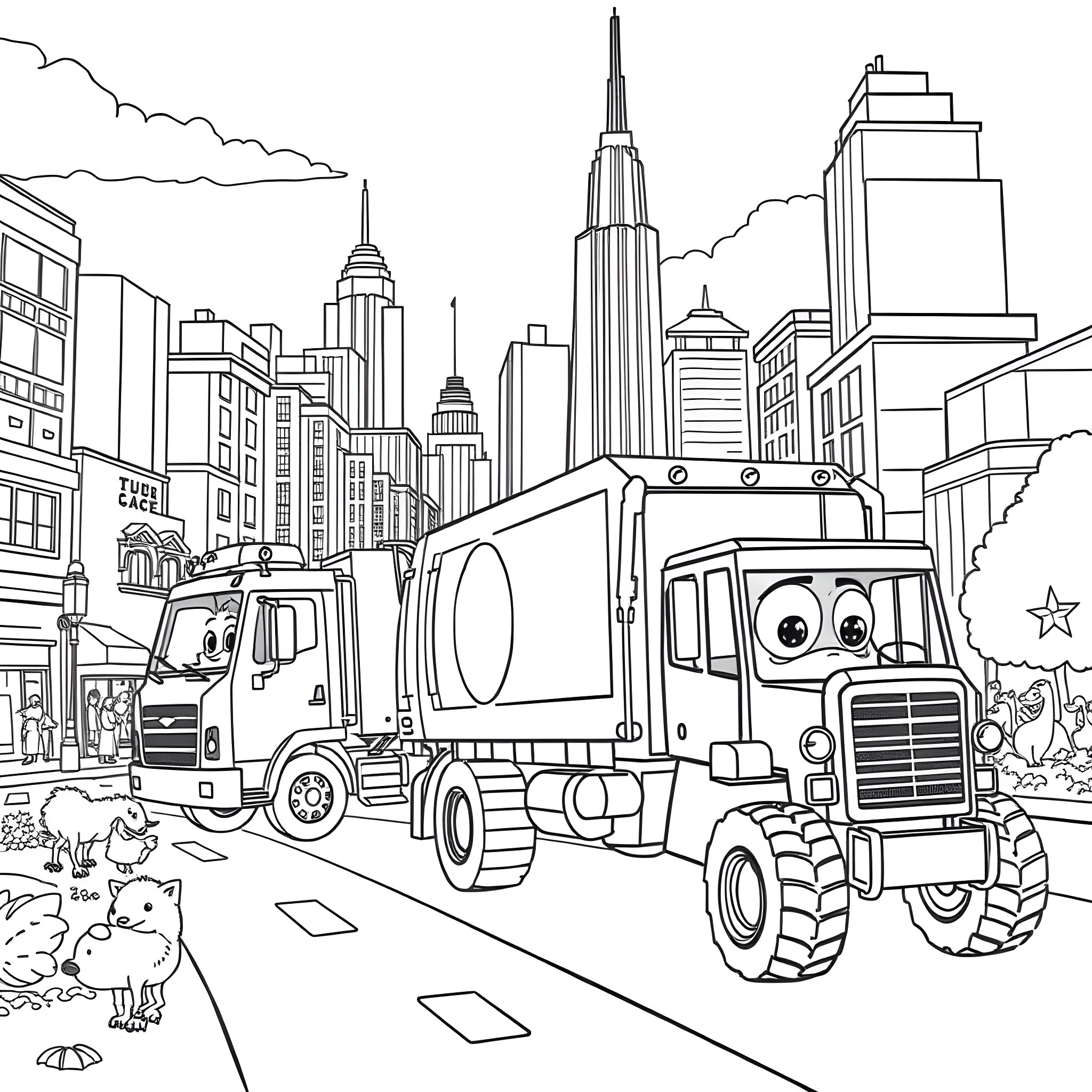 Stinky and Dirty Garbage Trucks in the Big City Coloring Page (free black-and-white line drawing printable PDF for all, from beginners to advanced learners, including children, teens, adults, and seniors)