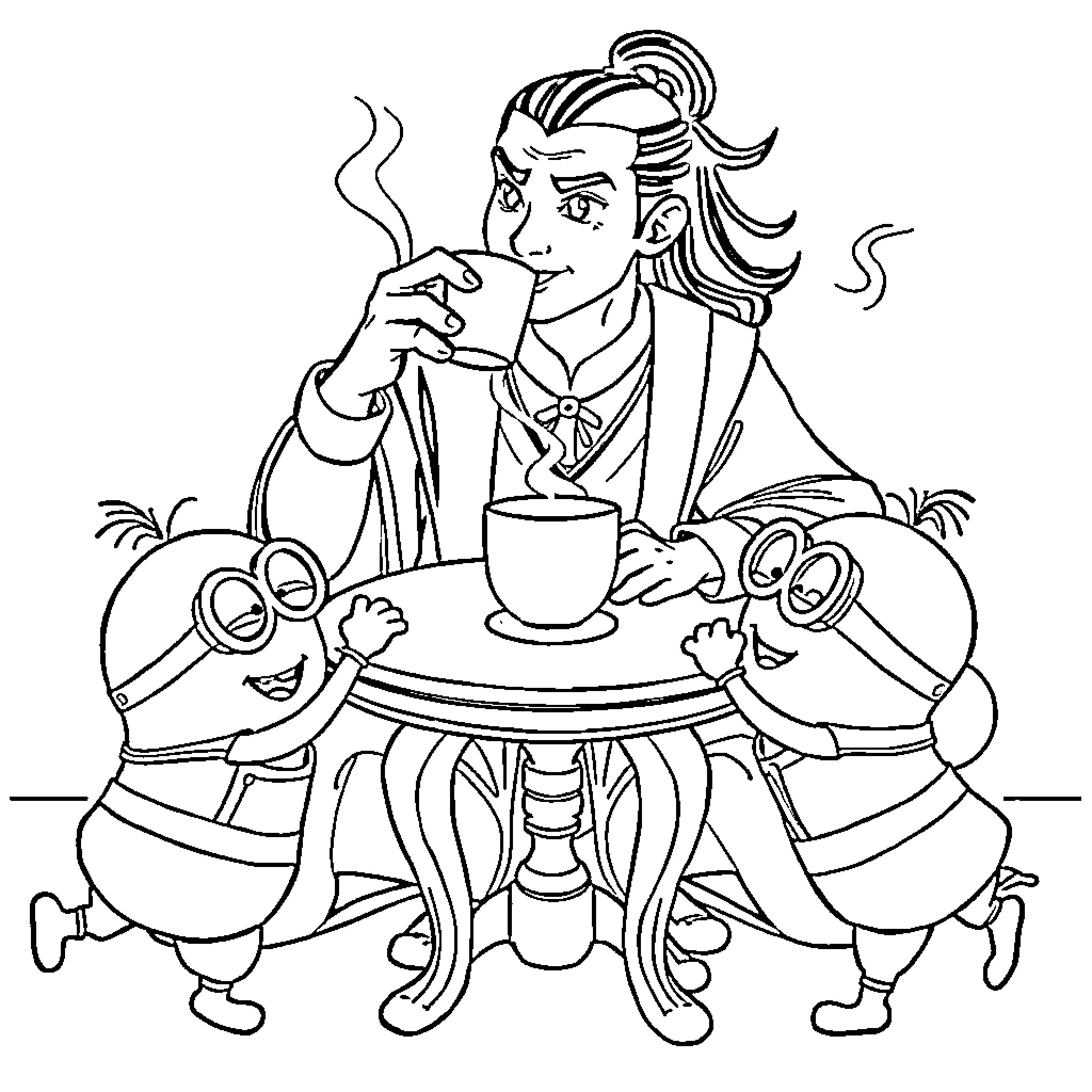 Prince Zuko enjoying tea with minions Coloring Page (free black-and-white line drawing printable PDF for all, from beginners to advanced learners, including children, teens, adults, and seniors)