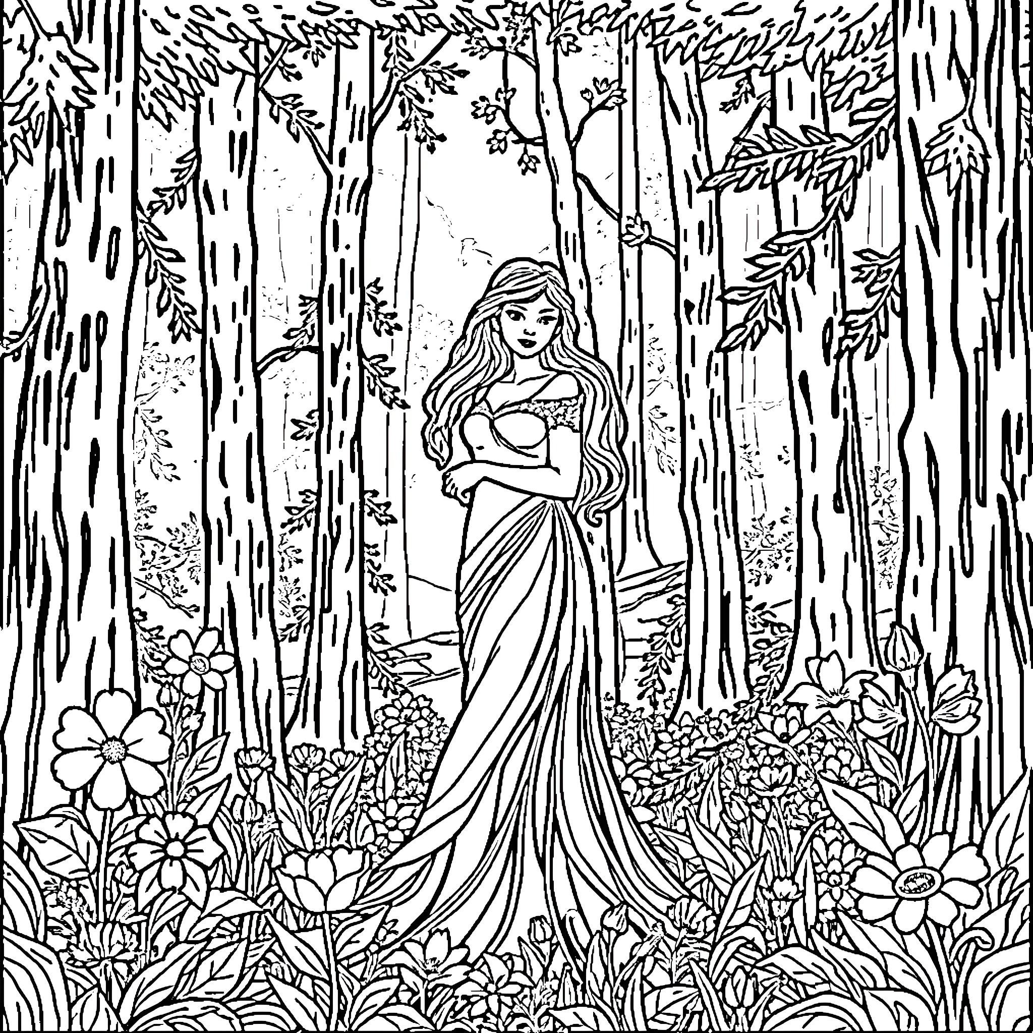 Princess in a Serene Forest Coloring Page (free black-and-white line drawing printable PDF for all, from beginners to advanced learners, including children, teens, adults, and seniors)