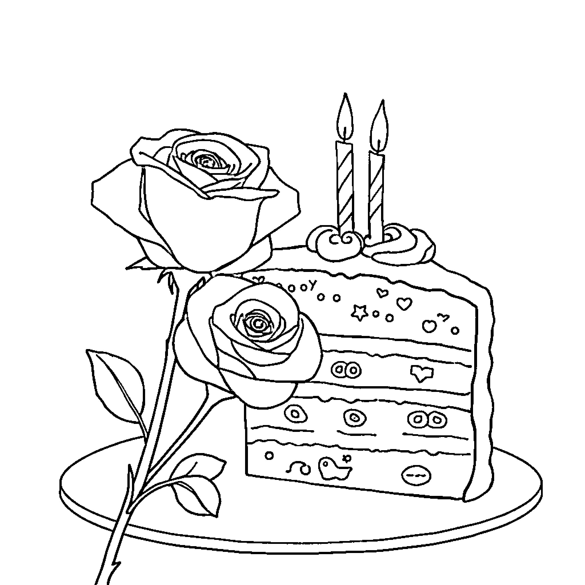 Rose Cake and Candles Celebration Coloring Page (free black-and-white line drawing printable PDF for all, from beginners to advanced learners, including children, teens, adults, and seniors)