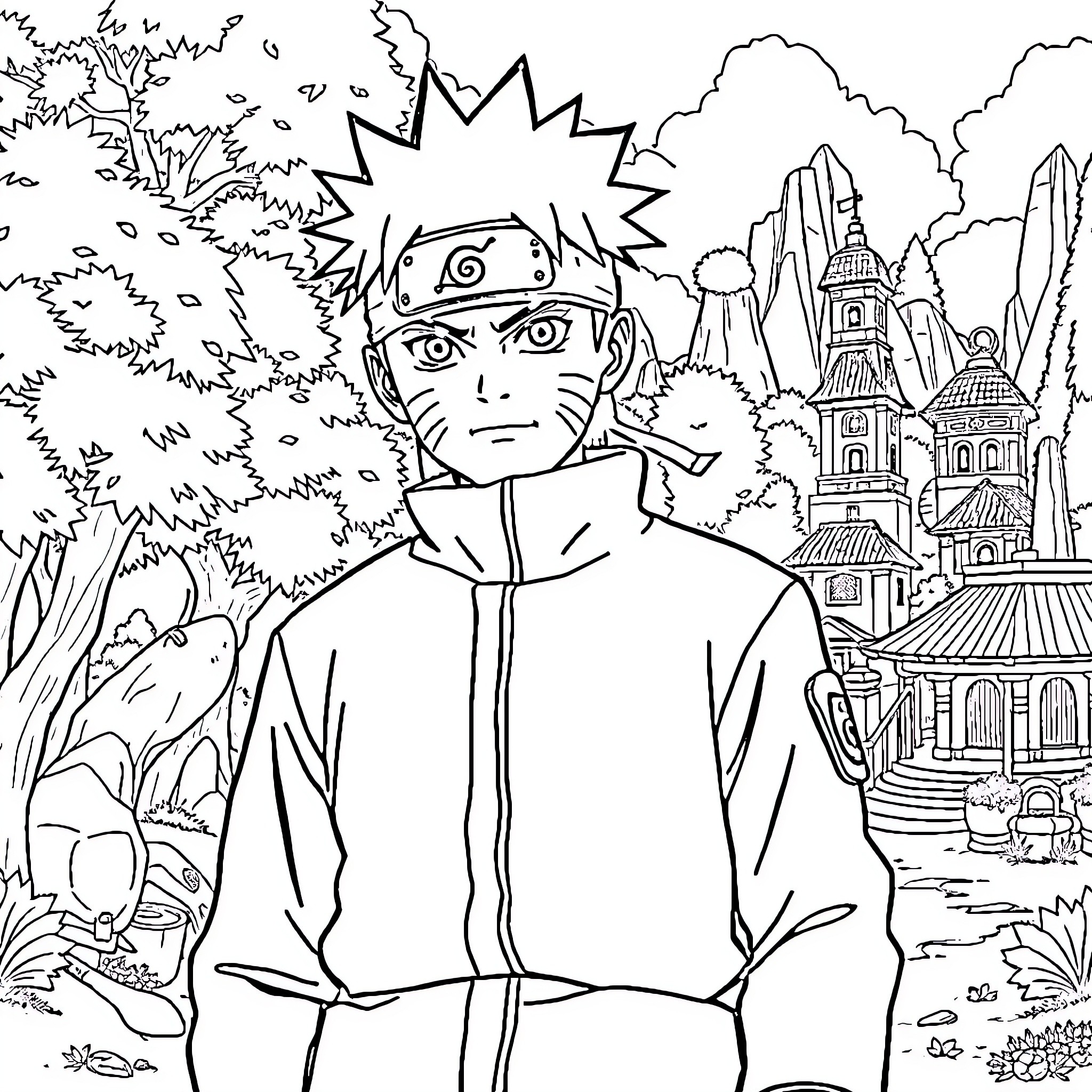Naruto's Ninja Adventure in the Hidden Leaf Village Coloring Page (free black-and-white line drawing printable PDF for all, from beginners to advanced learners, including children, teens, adults, and seniors)