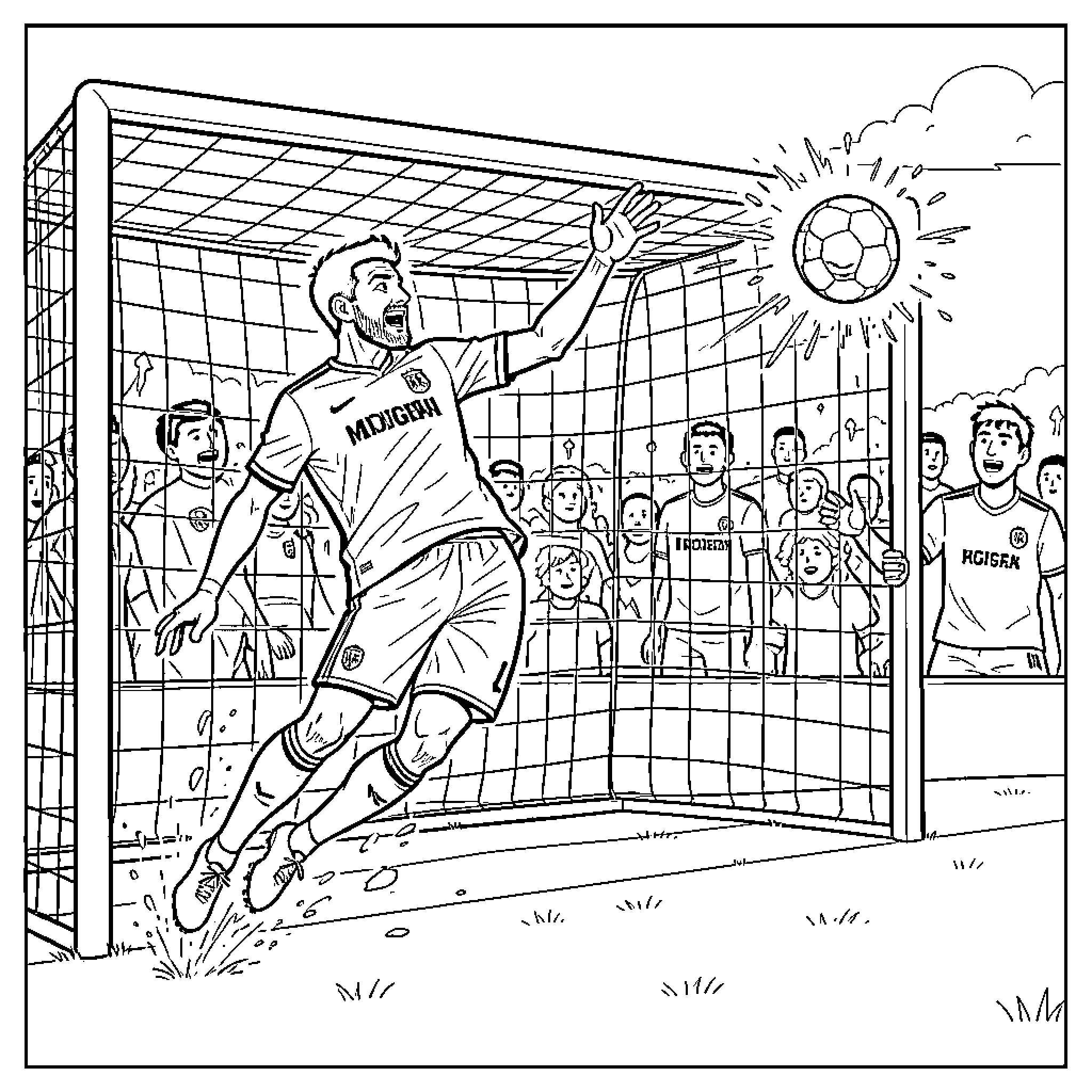 Mike Maignan diving to save a soccer ball Coloring Page (free black-and-white line drawing printable PDF for all, from beginners to advanced learners, including children, teens, adults, and seniors)