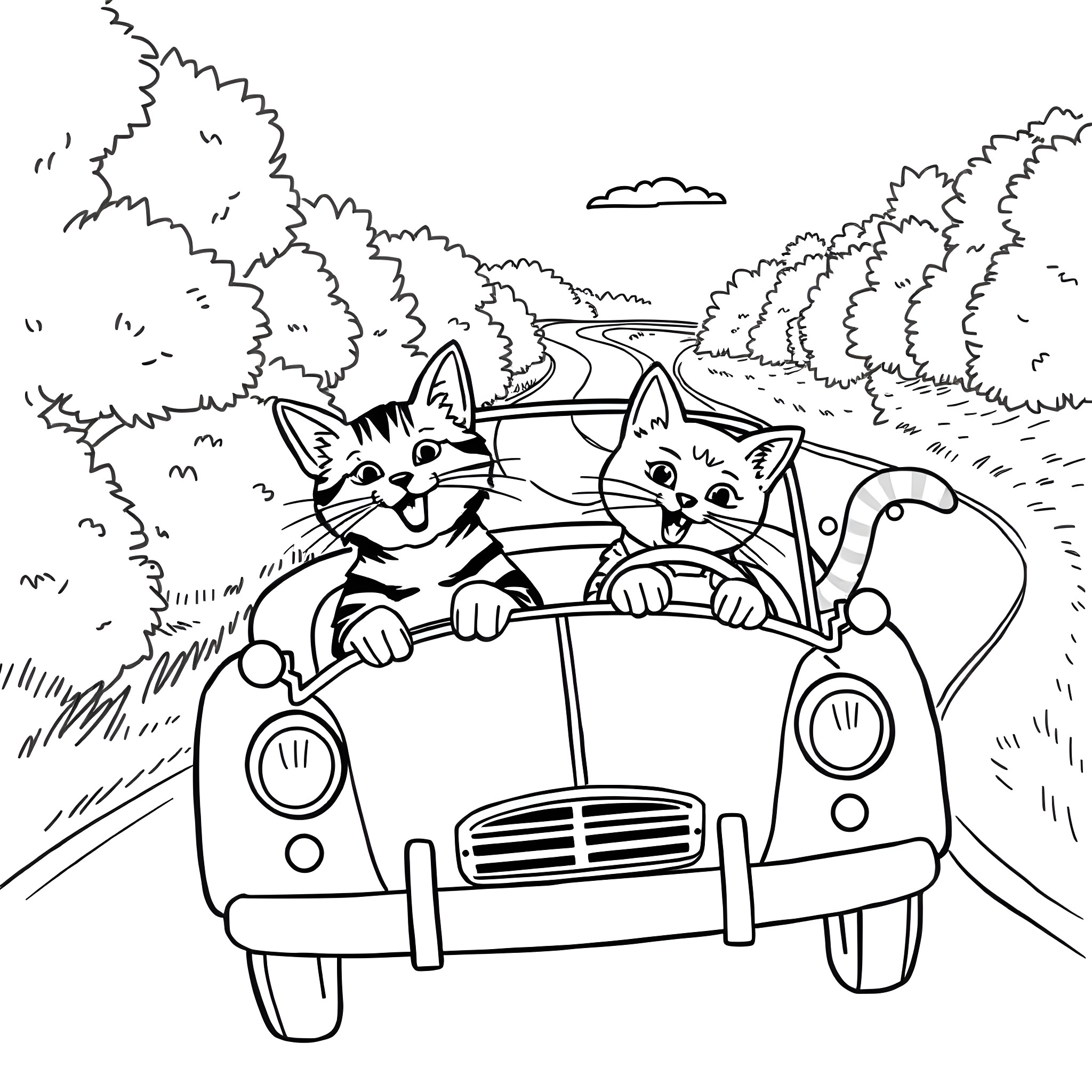 Cats driving a car in the countryside Coloring Page (free black-and-white line drawing printable PDF for all, from beginners to advanced learners, including children, teens, adults, and seniors)