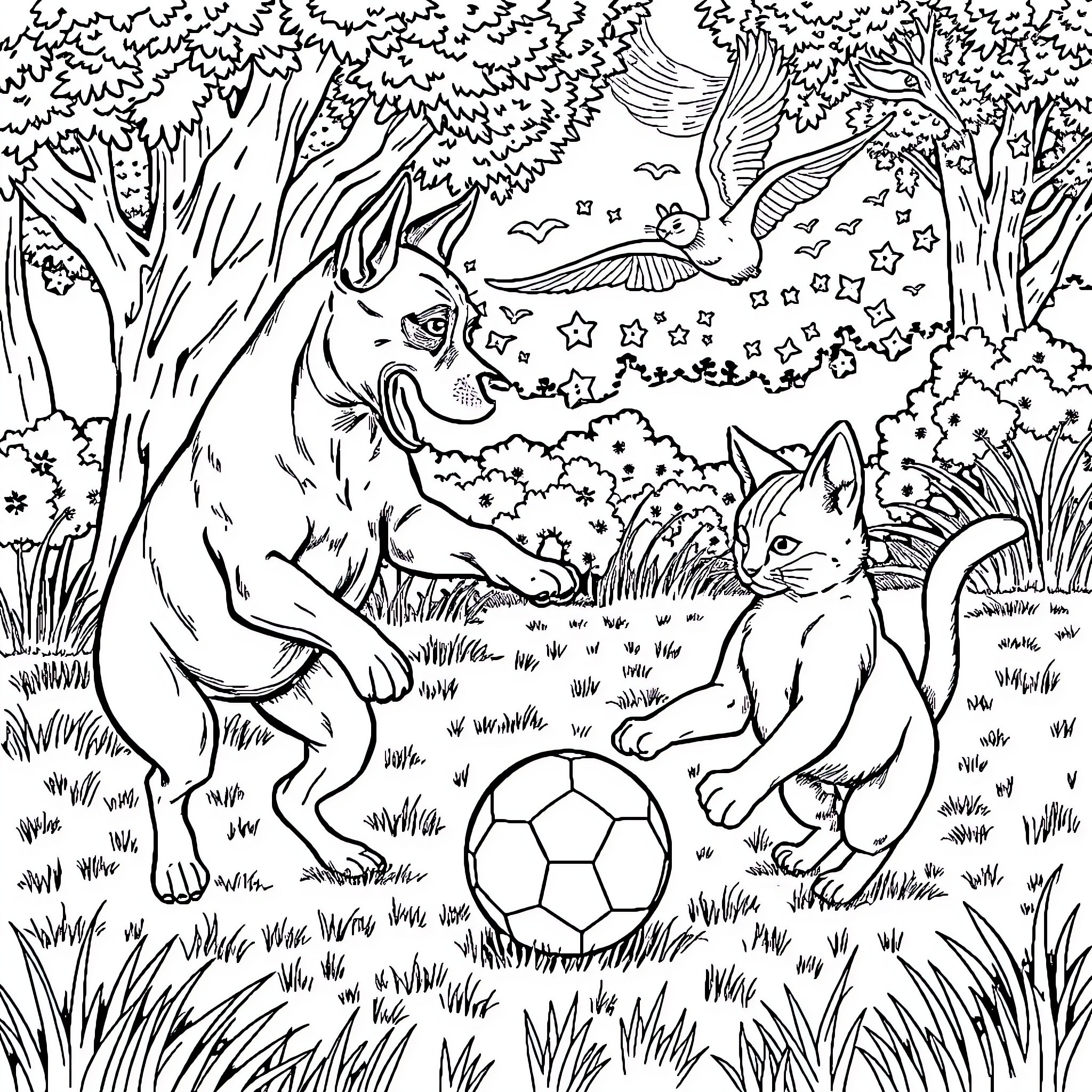 Perro jugando con gato en el parque Coloring Page (free black-and-white line drawing printable PDF for all, from beginners to advanced learners, including children, teens, adults, and seniors)