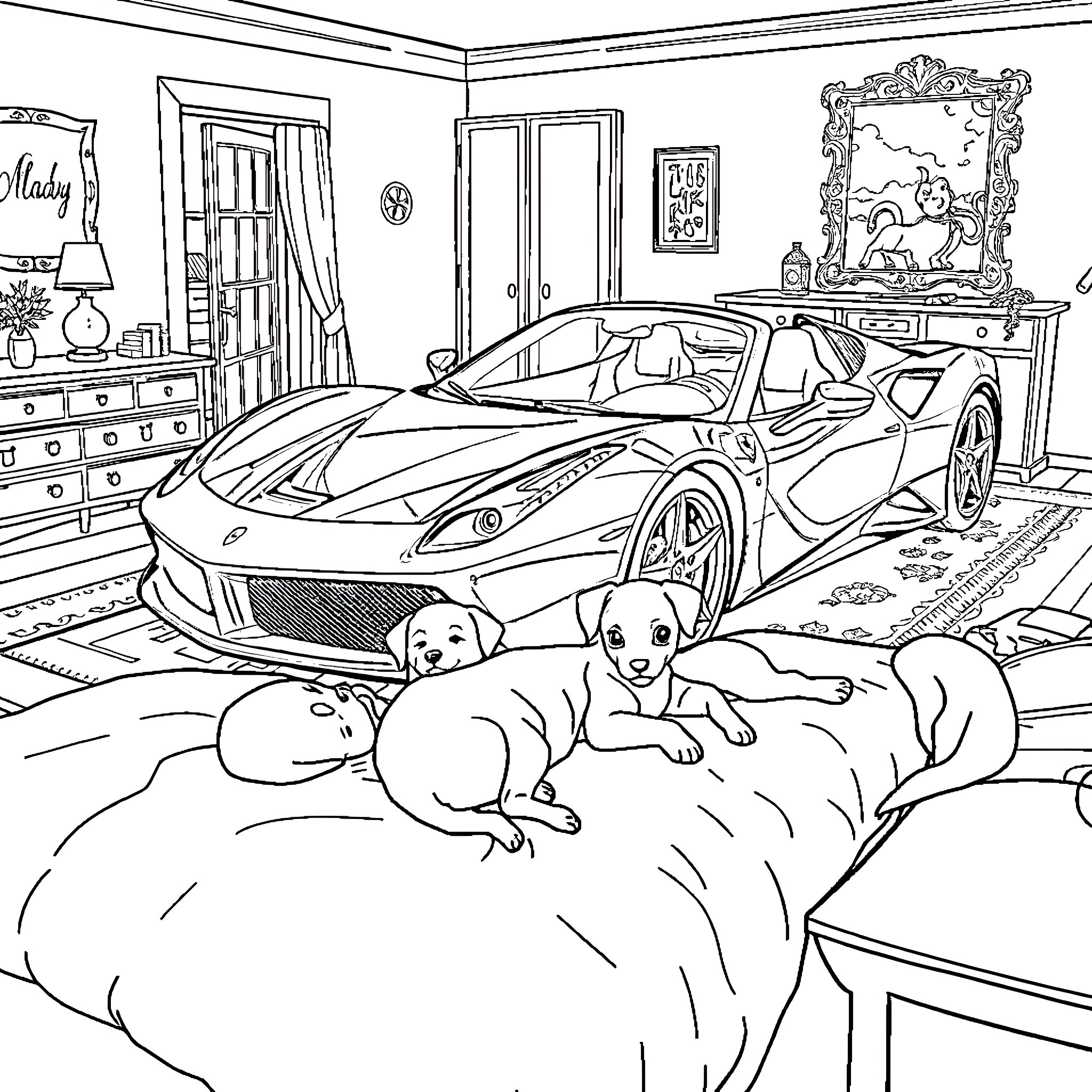 Ferrari sports car in a luxury bedroom with pets Coloring Page (free black-and-white line drawing printable PDF for all, from beginners to advanced learners, including children, teens, adults, and seniors)