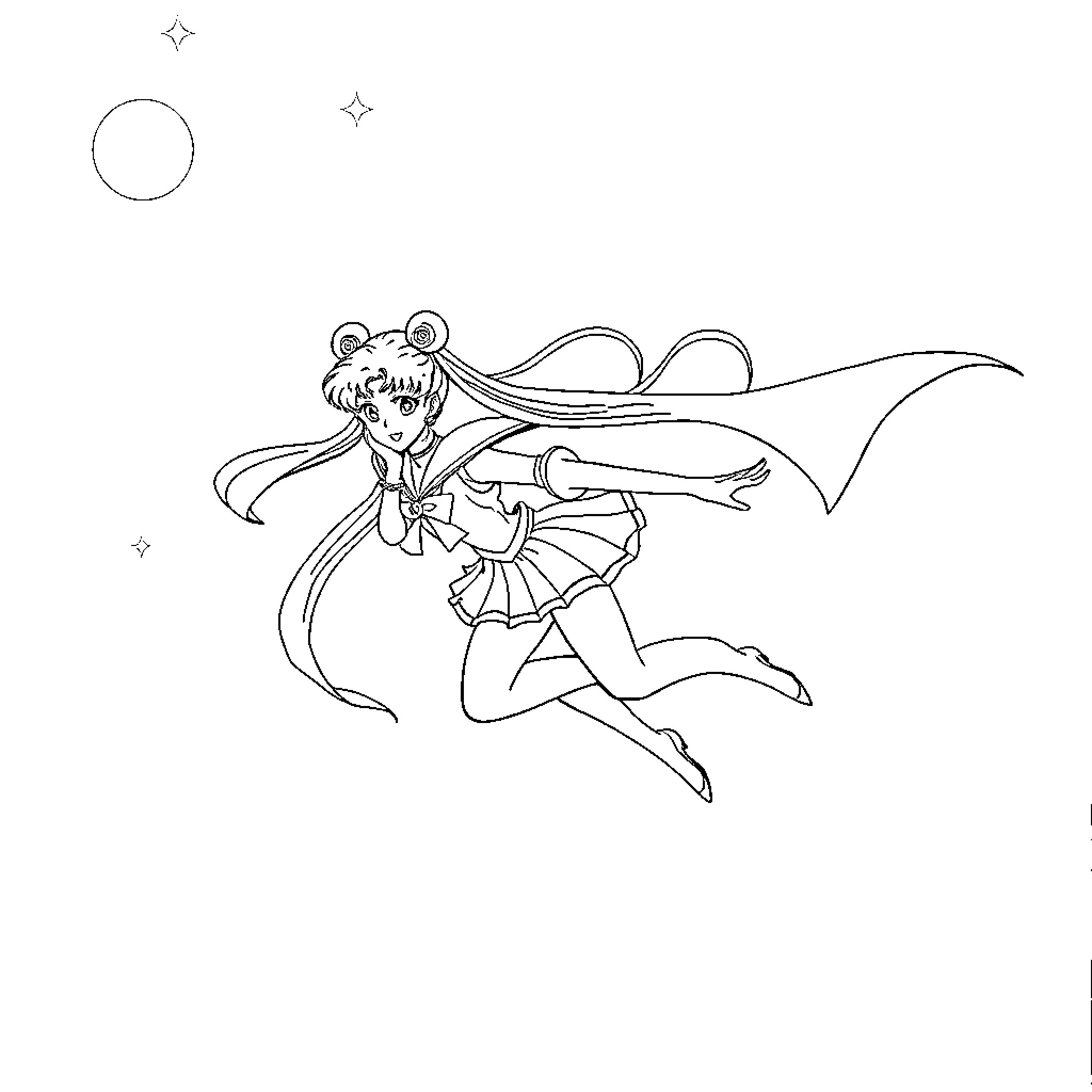 Sailor Moon soaring in action pose Coloring Page (free black-and-white line drawing printable PDF for all, from beginners to advanced learners, including children, teens, adults, and seniors)