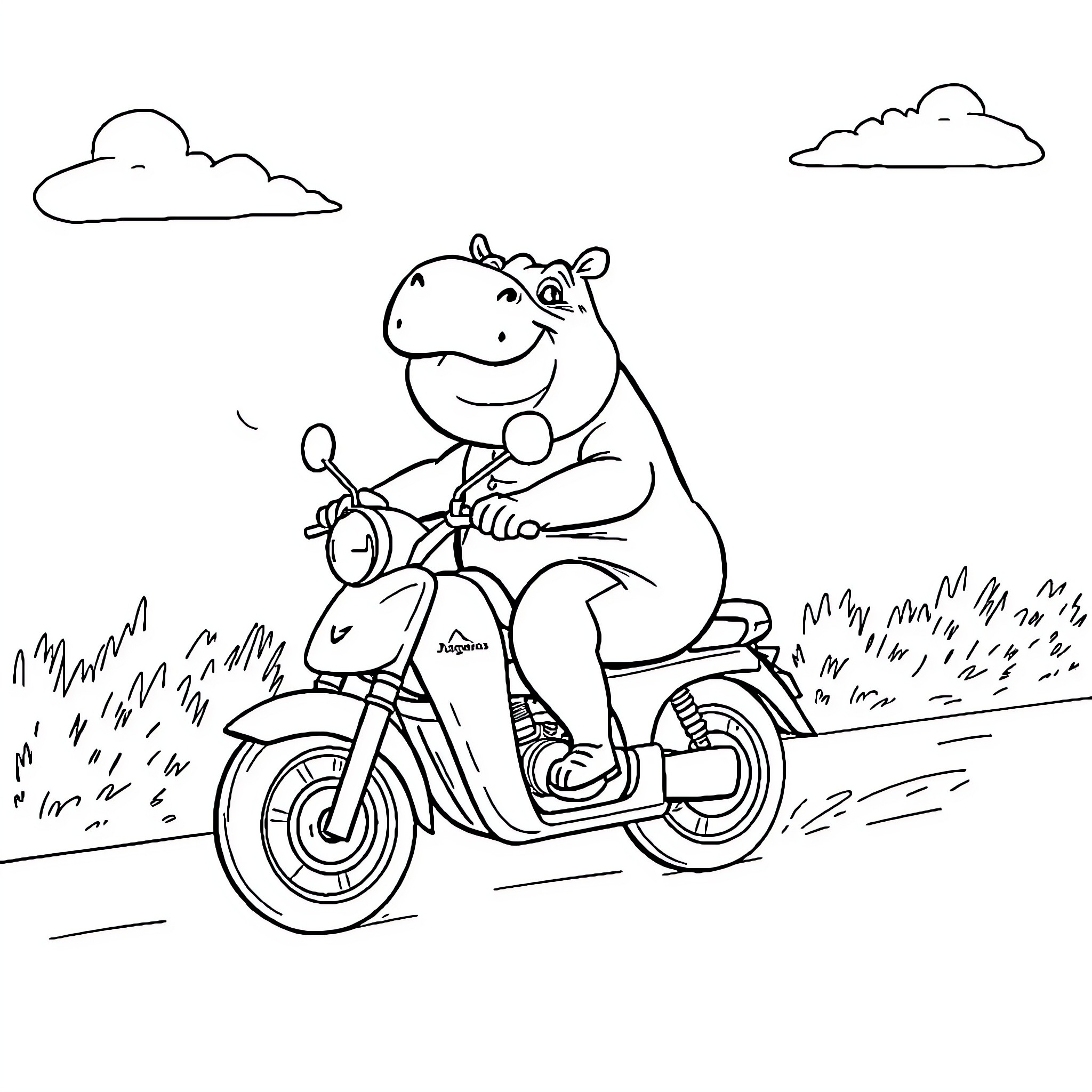 Hippopotamus riding a motorcycle in the countryside Coloring Page (free black-and-white line drawing printable PDF for all, from beginners to advanced learners, including children, teens, adults, and seniors)