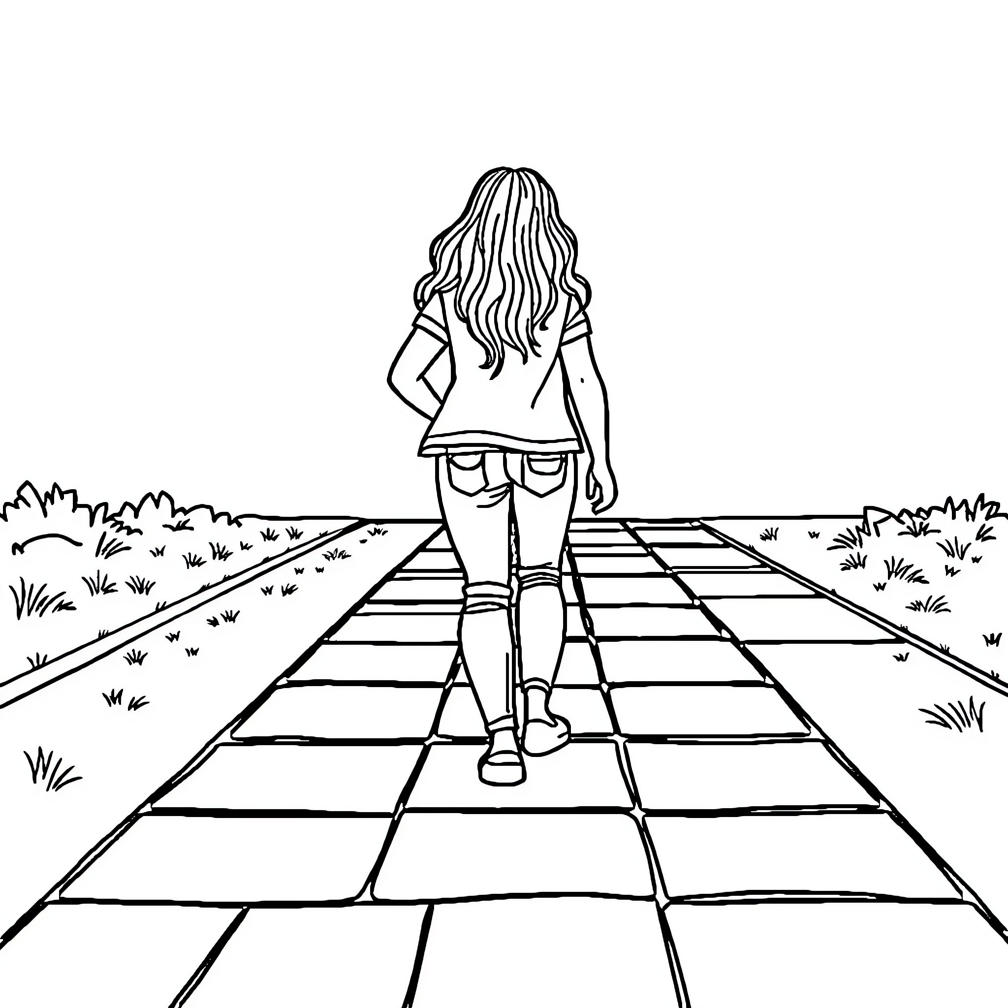 Board Game of a Girl Strolling Down a Checkerboard Path Coloring Page (free black-and-white line drawing printable PDF for all, from beginners to advanced learners, including children, teens, adults, and seniors)