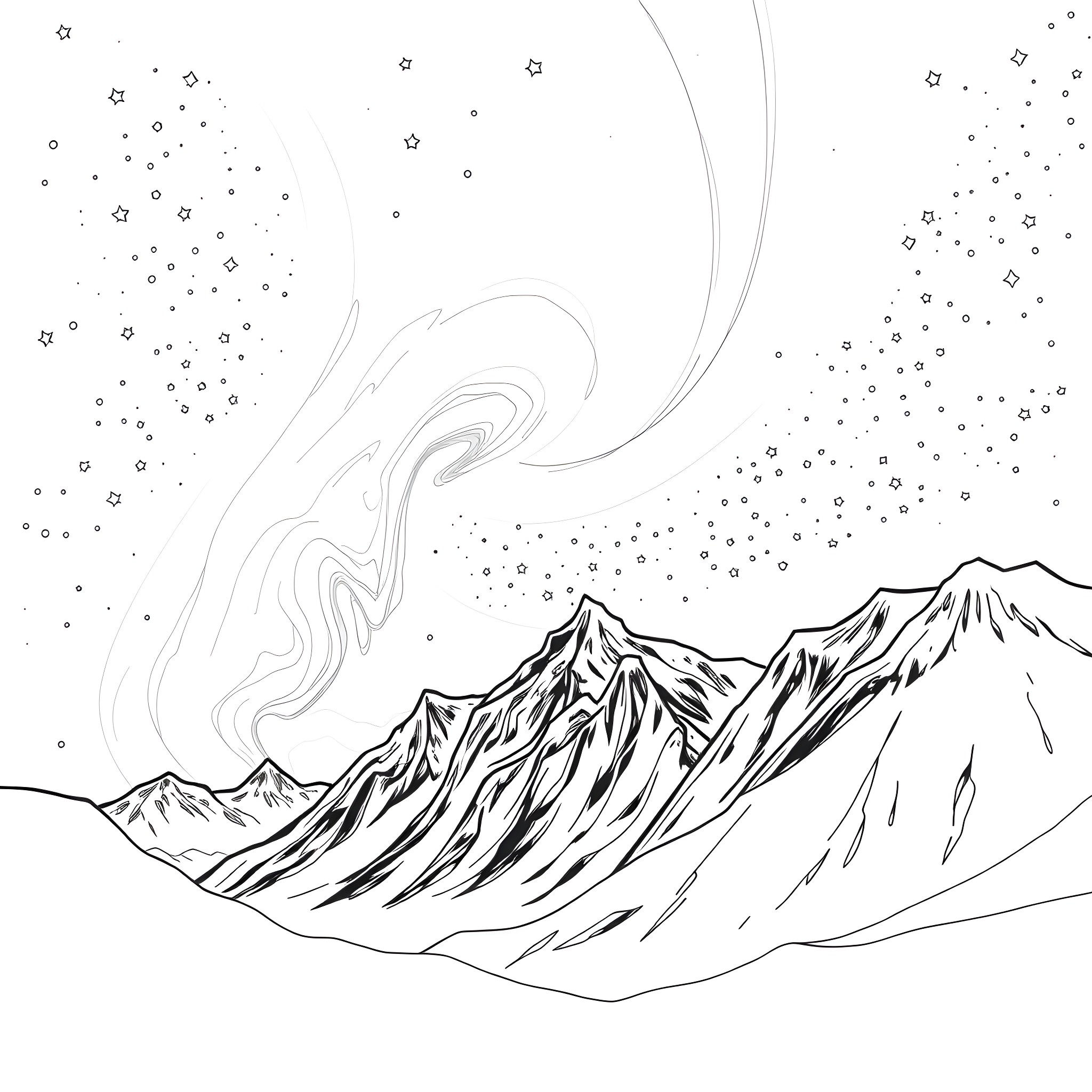 Aurora over majestic mountain peaks Coloring Page (free black-and-white line drawing printable PDF for all, from beginners to advanced learners, including children, teens, adults, and seniors)