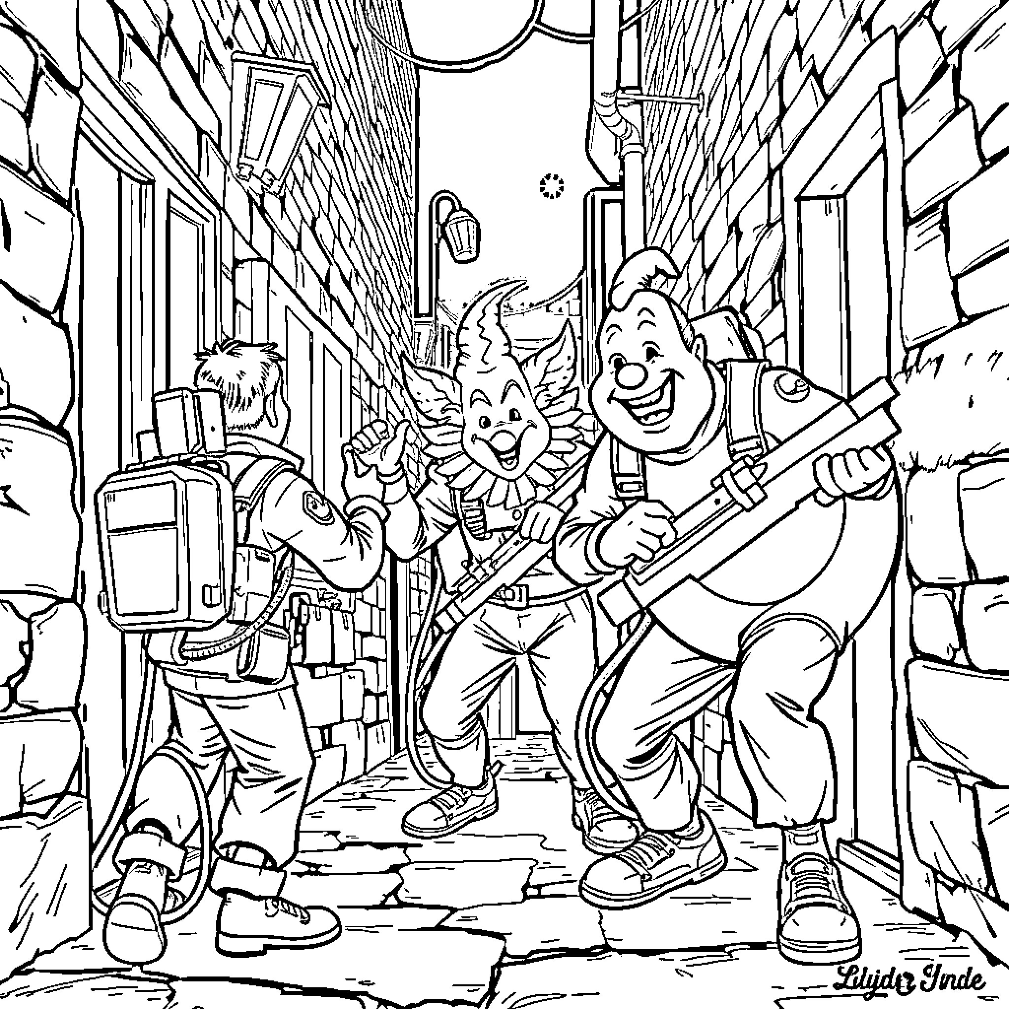 Ghostbusters in action on a dark city street Coloring Page (free black-and-white line drawing printable PDF for all, from beginners to advanced learners, including children, teens, adults, and seniors)