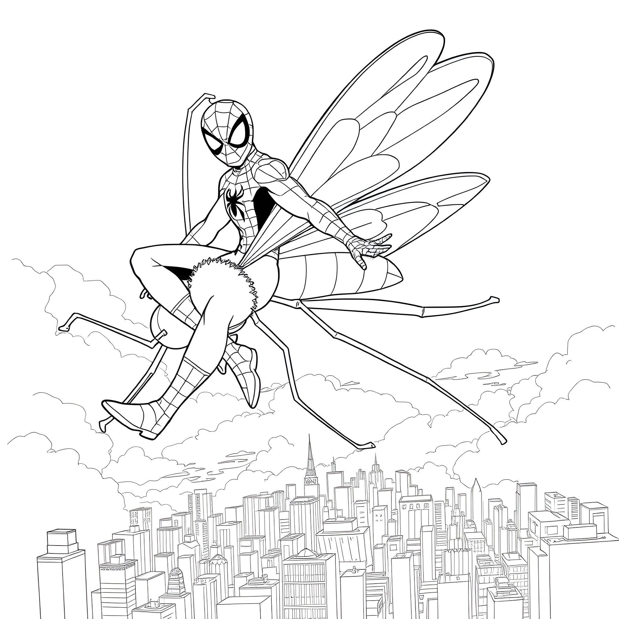 Spiderman soaring through the city with wings Coloring Page (free black-and-white line drawing printable PDF for all, from beginners to advanced learners, including children, teens, adults, and seniors)