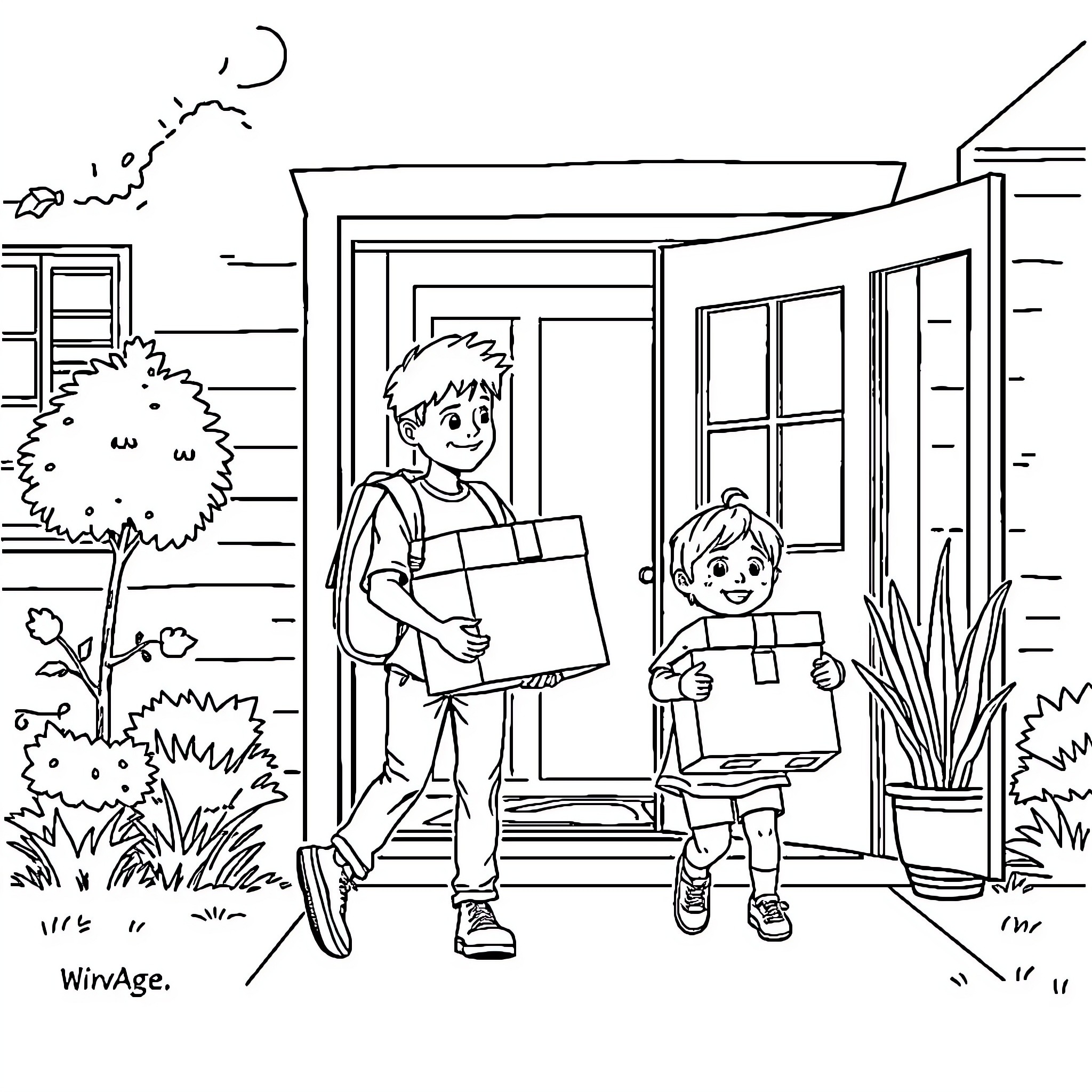 Teenagers moving belongings outdoors Coloring Page (free black-and-white line drawing printable PDF for all, from beginners to advanced learners, including children, teens, adults, and seniors)